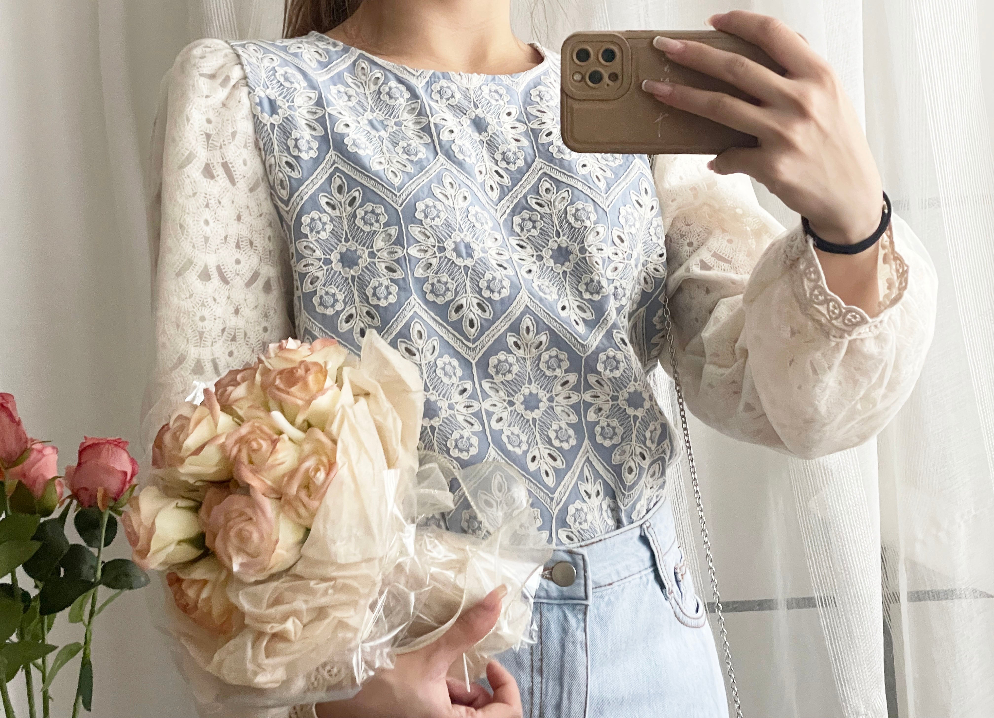 Victoria Lace 維多利亞通花包紗手袖連裡布上衣, BLOUSE/TP8919 (不設訂貨款 lightblue soldout)