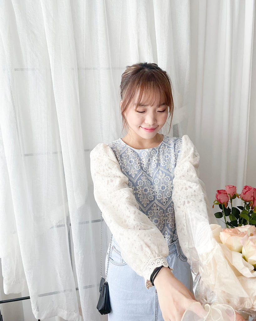 Victoria Lace 維多利亞通花包紗手袖連裡布上衣, BLOUSE/TP8919 (不設訂貨款 lightblue soldout)