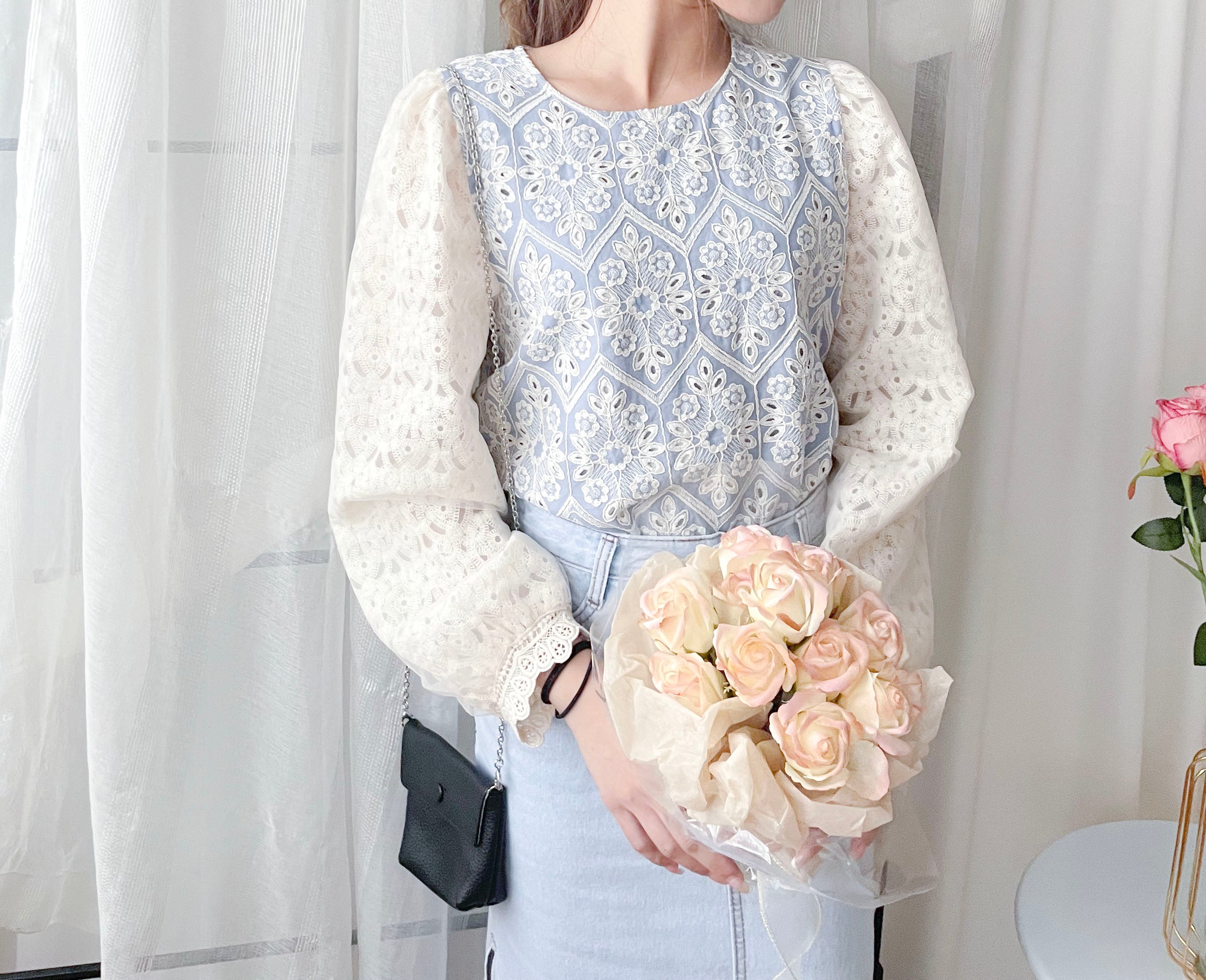 Victoria Lace 維多利亞通花包紗手袖連裡布上衣, BLOUSE/TP8919 (不設訂貨款 lightblue soldout)