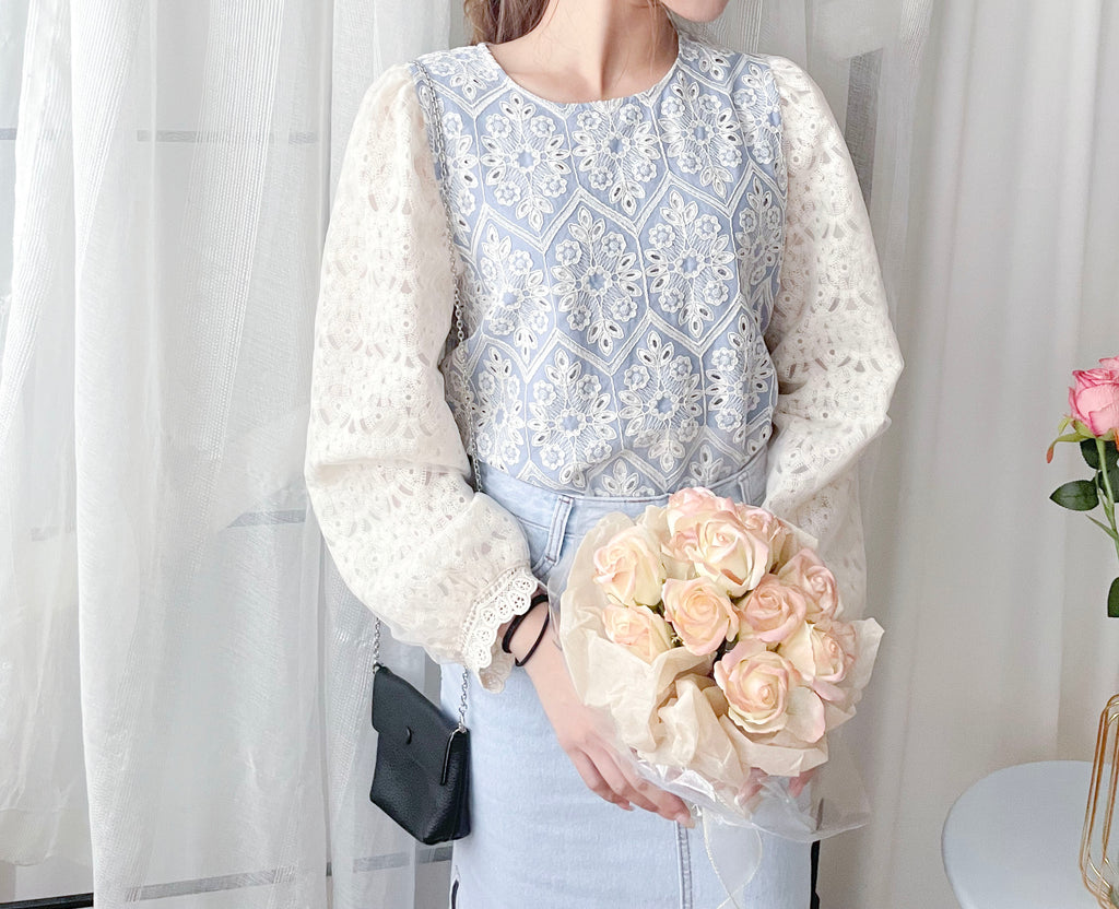 Victoria Lace 維多利亞通花包紗手袖連裡布上衣, BLOUSE/TP8919 (不設訂貨款 lightblue soldout)