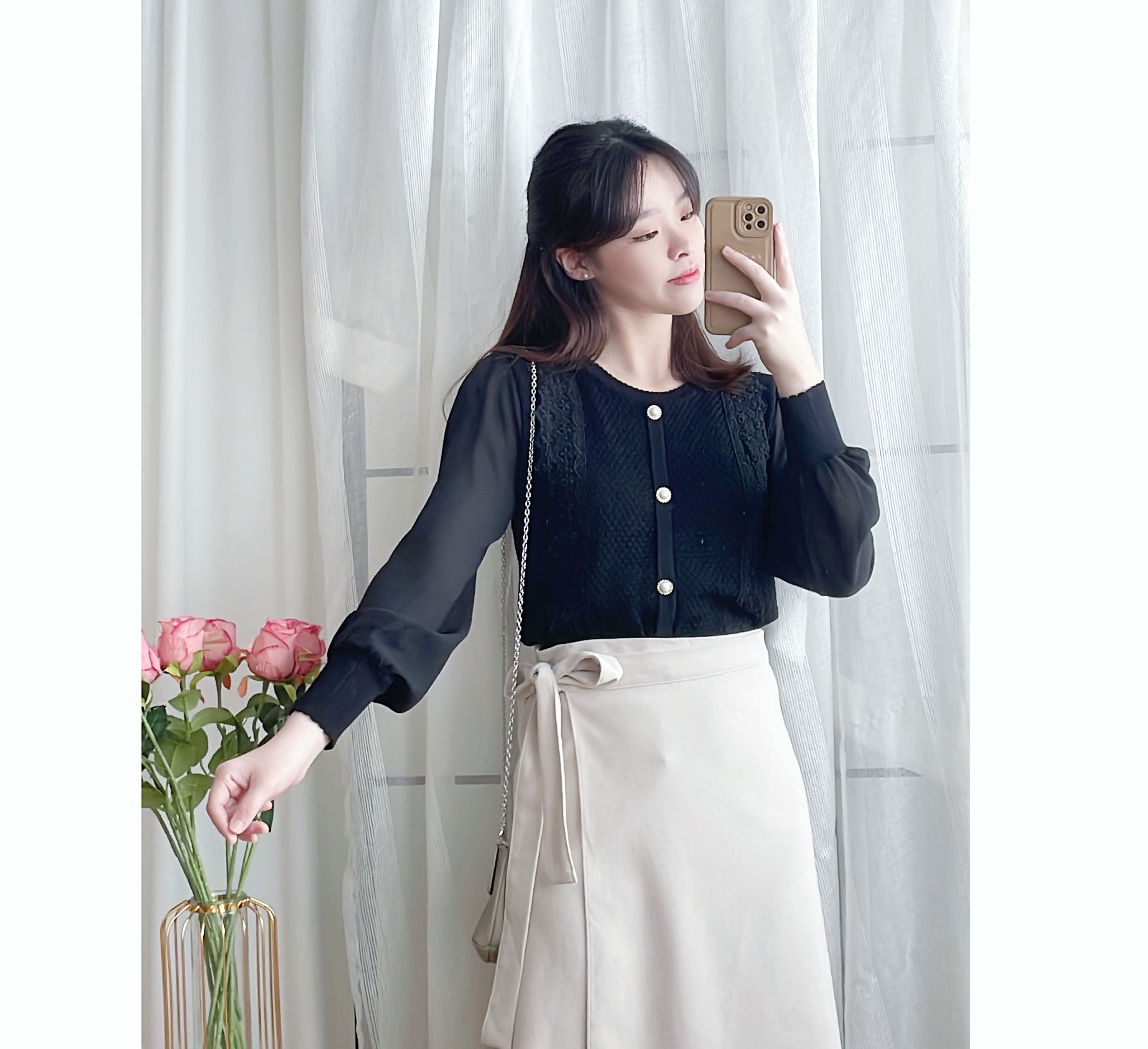 Chiffon Sleeve 花邊領口彈性針織雪紡手袖裝飾鈕, Blouse/ CD8124 (不設訂貨款)