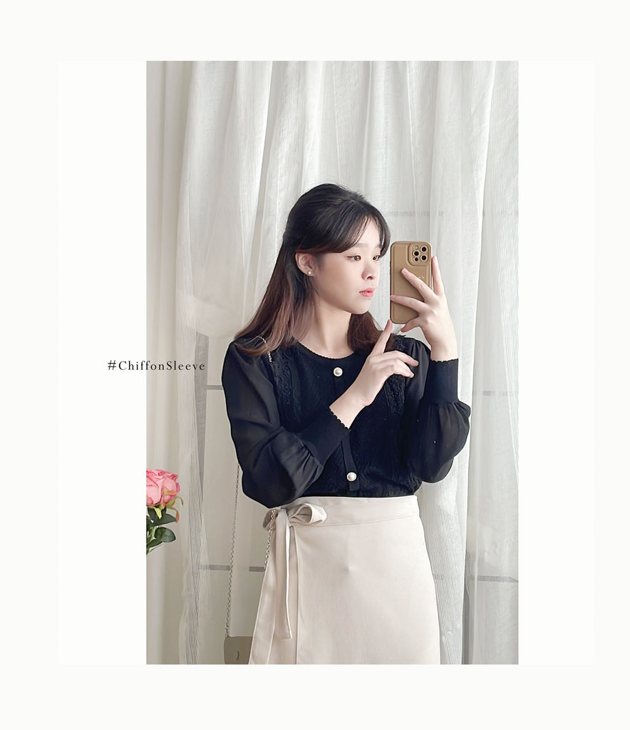 Chiffon Sleeve 花邊領口彈性針織雪紡手袖裝飾鈕, Blouse/ CD8124 (不設訂貨款)