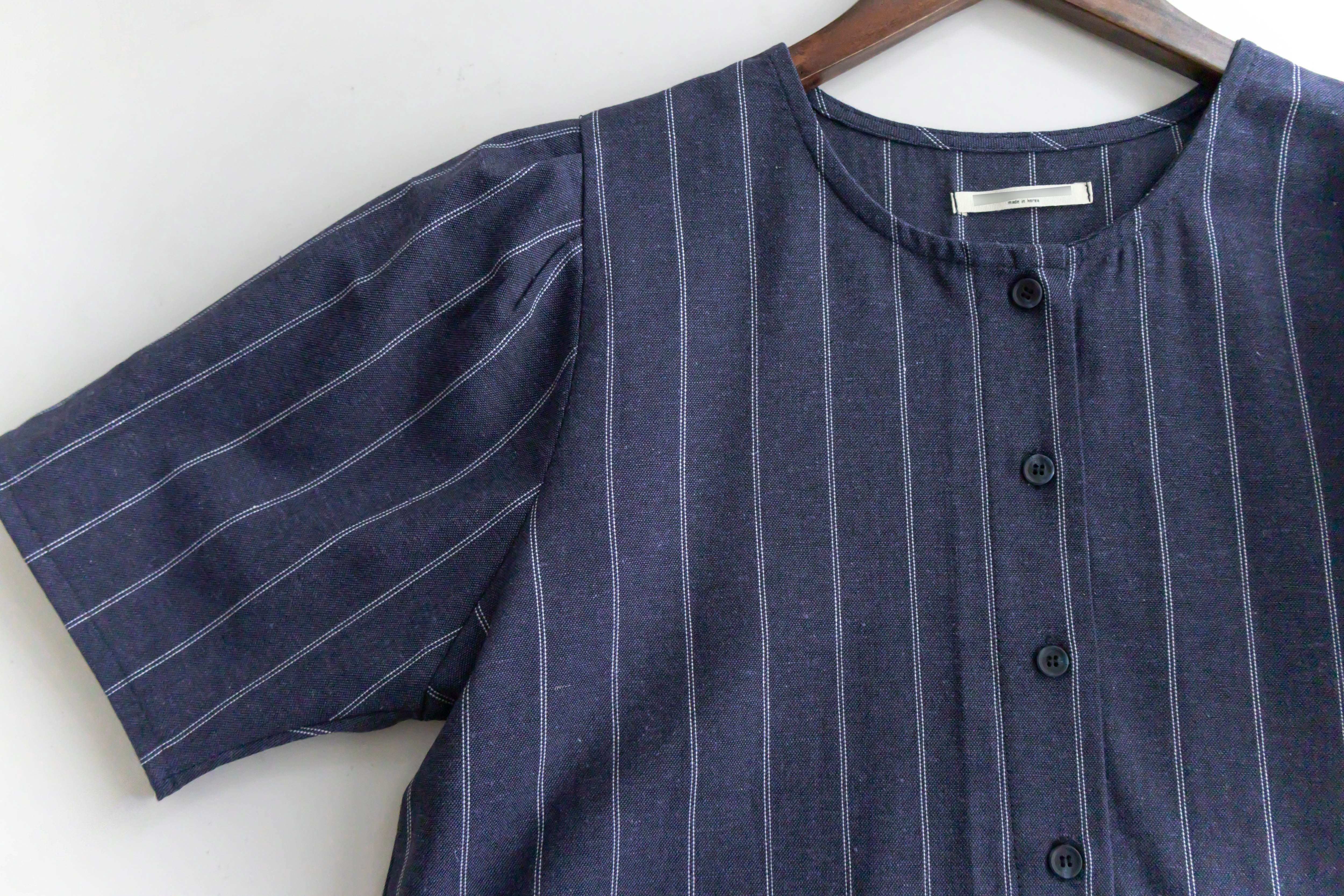 Navy Stripe 隨性防皺麻棉條紋高腰線裙擺車褶, Dress/ DS9312