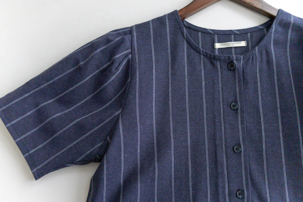 Navy Stripe 隨性防皺麻棉條紋高腰線裙擺車褶, Dress/ DS9312