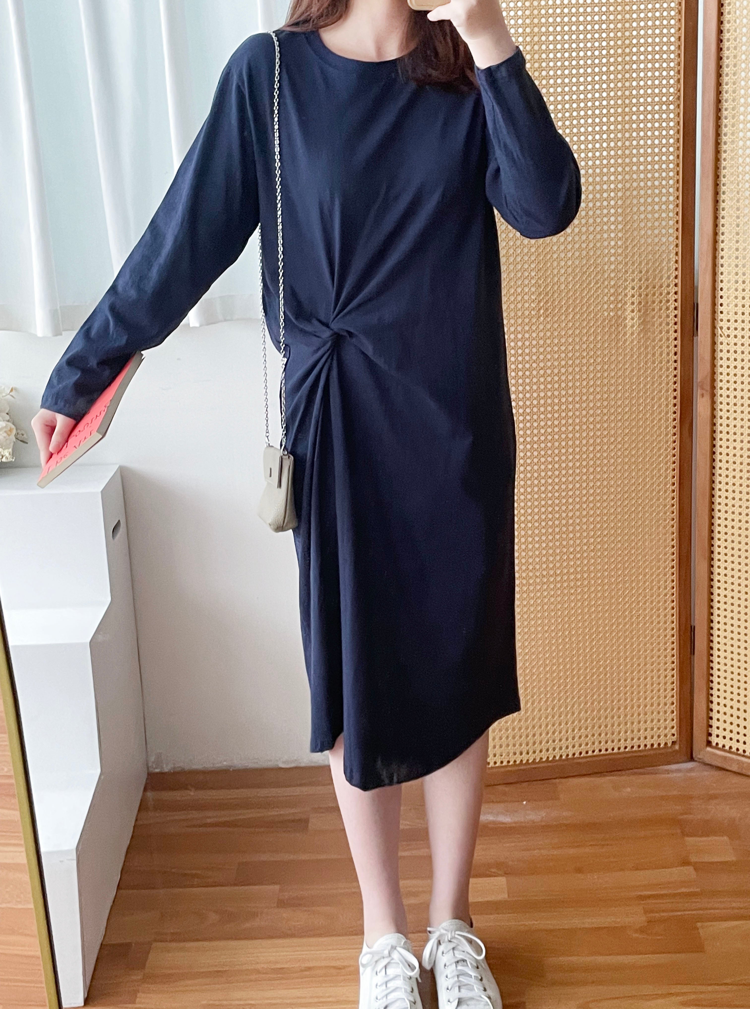 Navy Twist 深藍色側扭紋舒適棉質連身裙, Dress/ DS9356