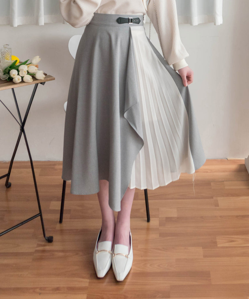 Spliced Chiffon 雪紡飄逸格子拼百褶假側腰帶半身裙, Skirt/ SK8744