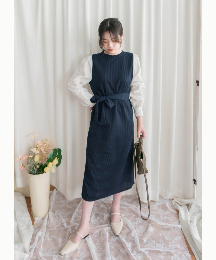 Knit Shirt 知性假兩件恤衫加彈性針織背心連身裙, Dress/ DS9326