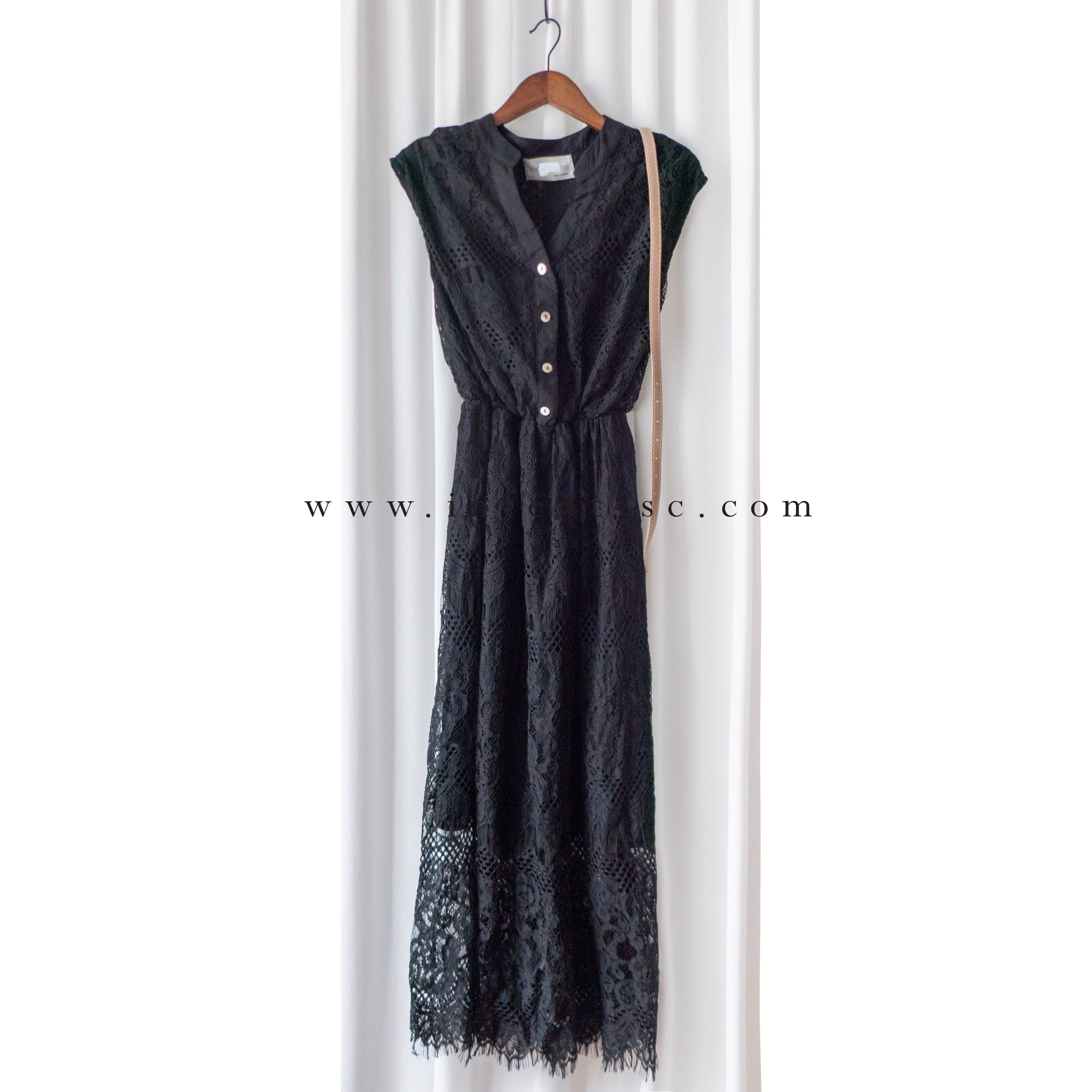Lace 優雅V領鈕扣花花透視流蘇裙尾連身裙(連腰帶), Dress/ DS9224