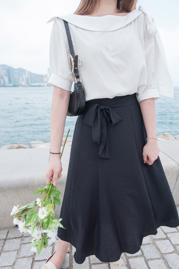 Flair 微皺百搭綁帶車拼浪漫飄逸傘裙, skirt/ SK8706 (black sold out)