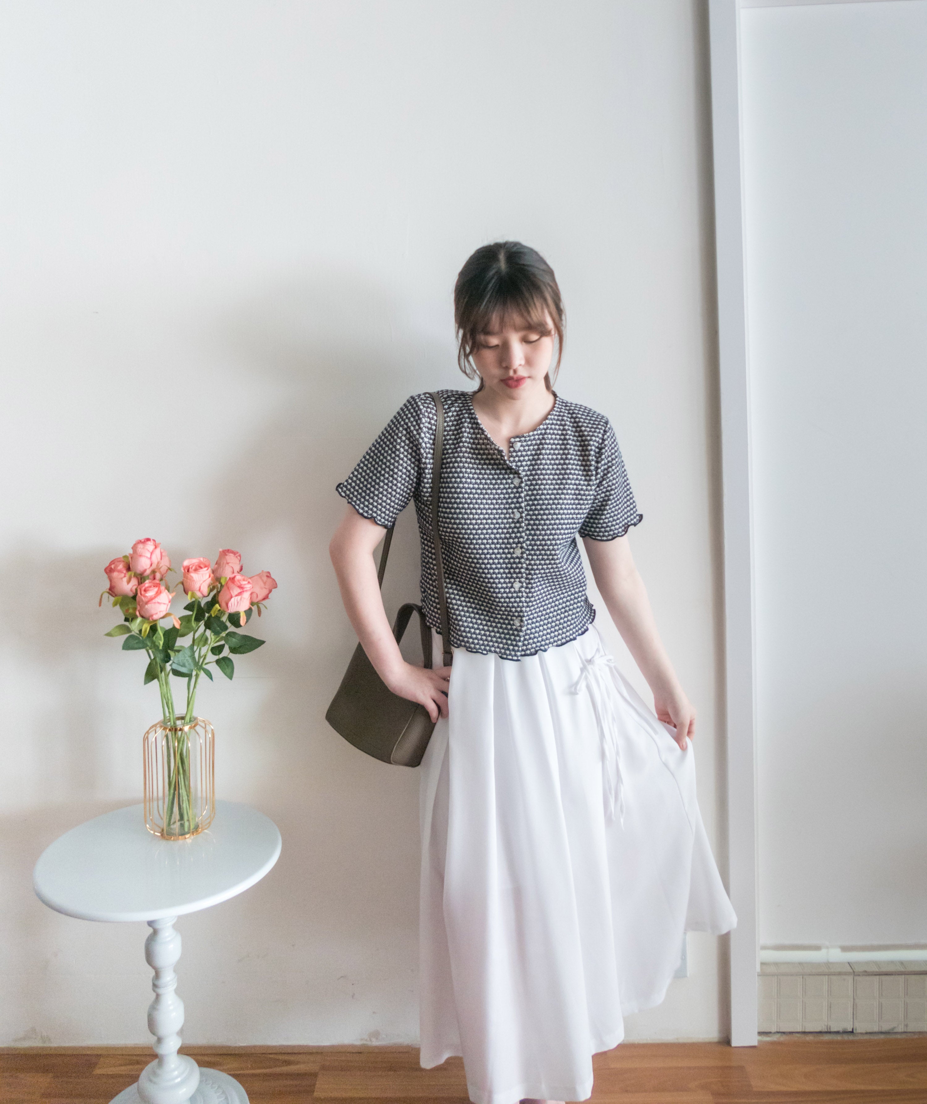 Ribbons Pleated 顯腰身內鈕扣質感雙蝴蝶結半身裙, Skirt/ SK8713
