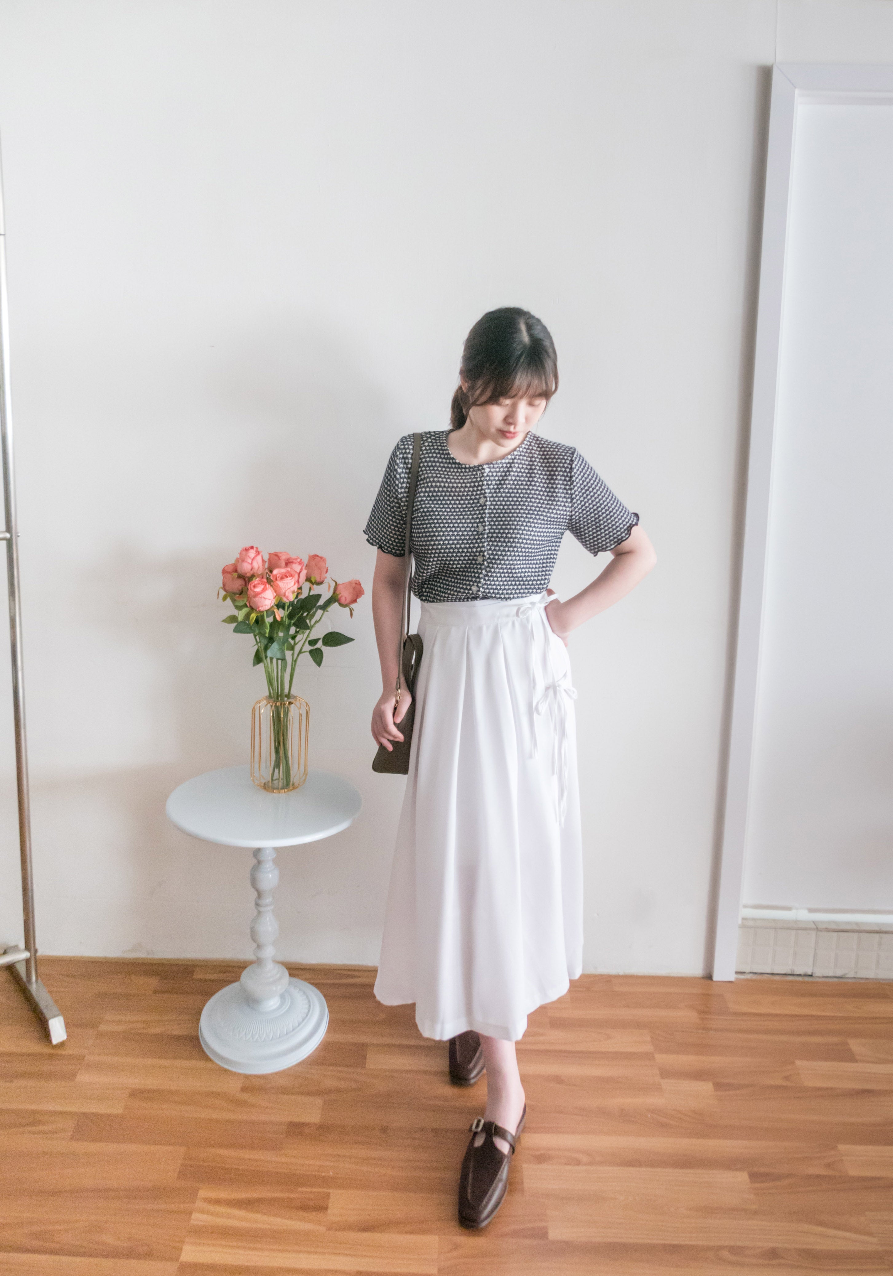 Ribbons Pleated 顯腰身內鈕扣質感雙蝴蝶結半身裙, Skirt/ SK8713