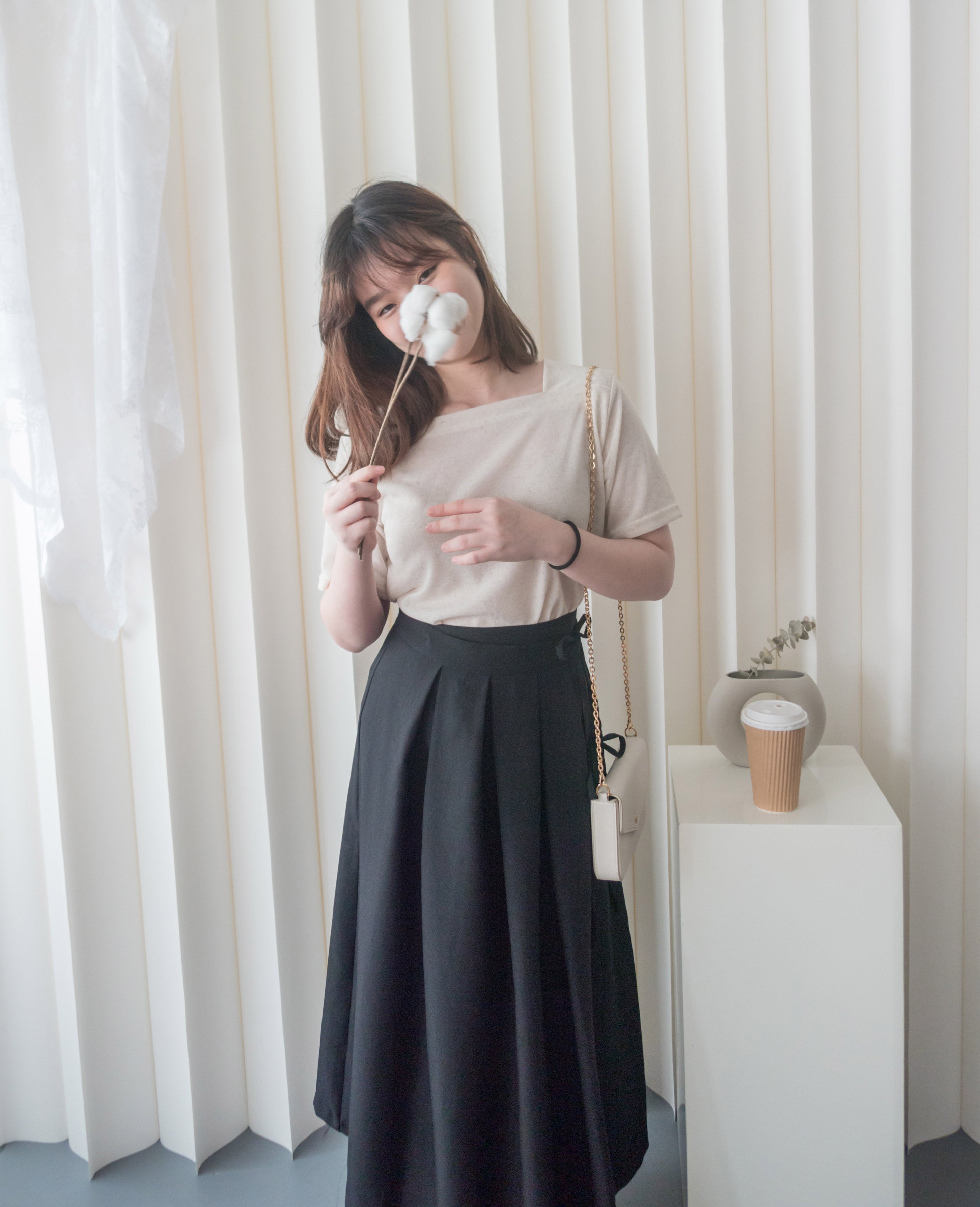 Ribbons Pleated 顯腰身內鈕扣質感雙蝴蝶結半身裙, Skirt/ SK8713