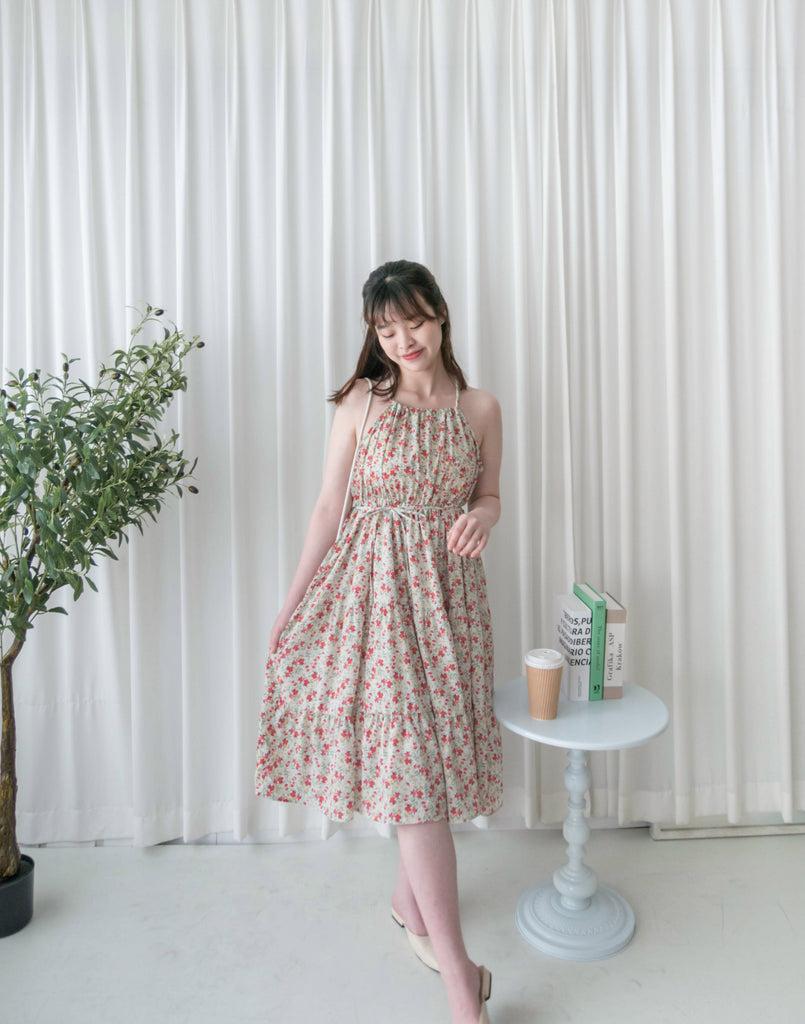 Pastel Floral 垂感淡彩可調入膊後蝴蝶飄逸裙擺, Dress/ DS9268