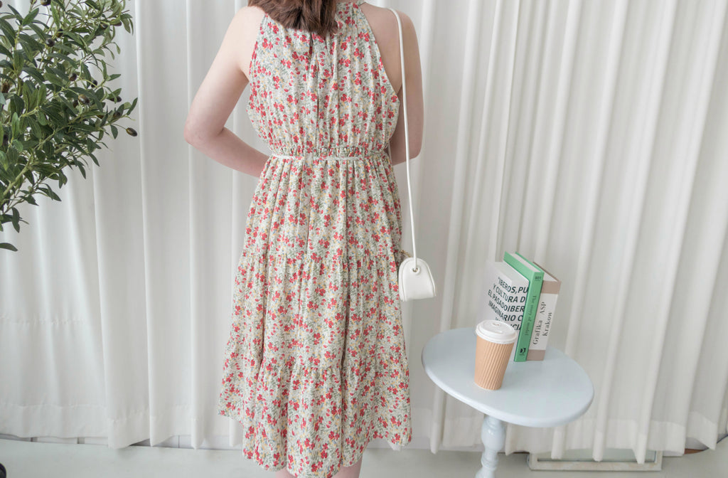 Pastel Floral 垂感淡彩可調入膊後蝴蝶飄逸裙擺, Dress/ DS9268