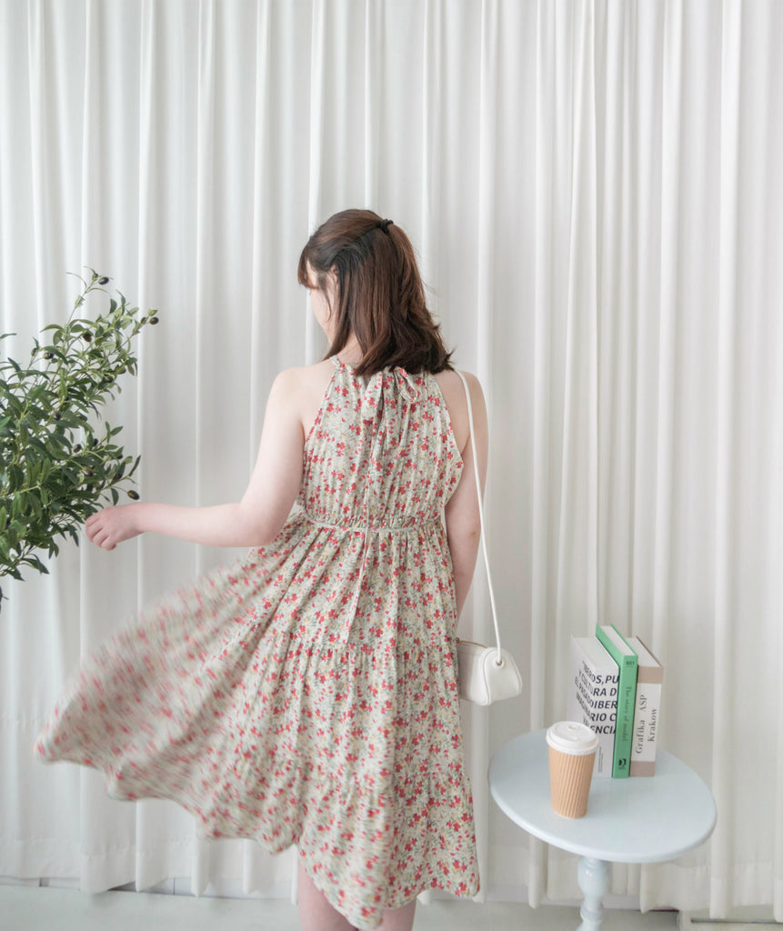 Pastel Floral 垂感淡彩可調入膊後蝴蝶飄逸裙擺, Dress/ DS9268