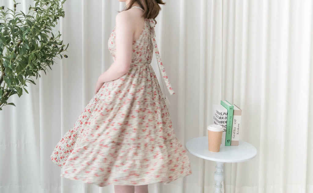 Pastel Floral 垂感淡彩可調入膊後蝴蝶飄逸裙擺, Dress/ DS9268