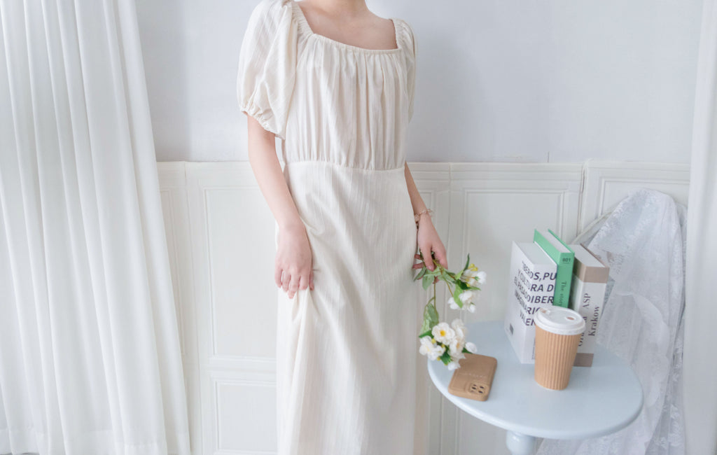 Ivory 復古優雅平領不貼直身條紋連身裙, Dress/ DS9262