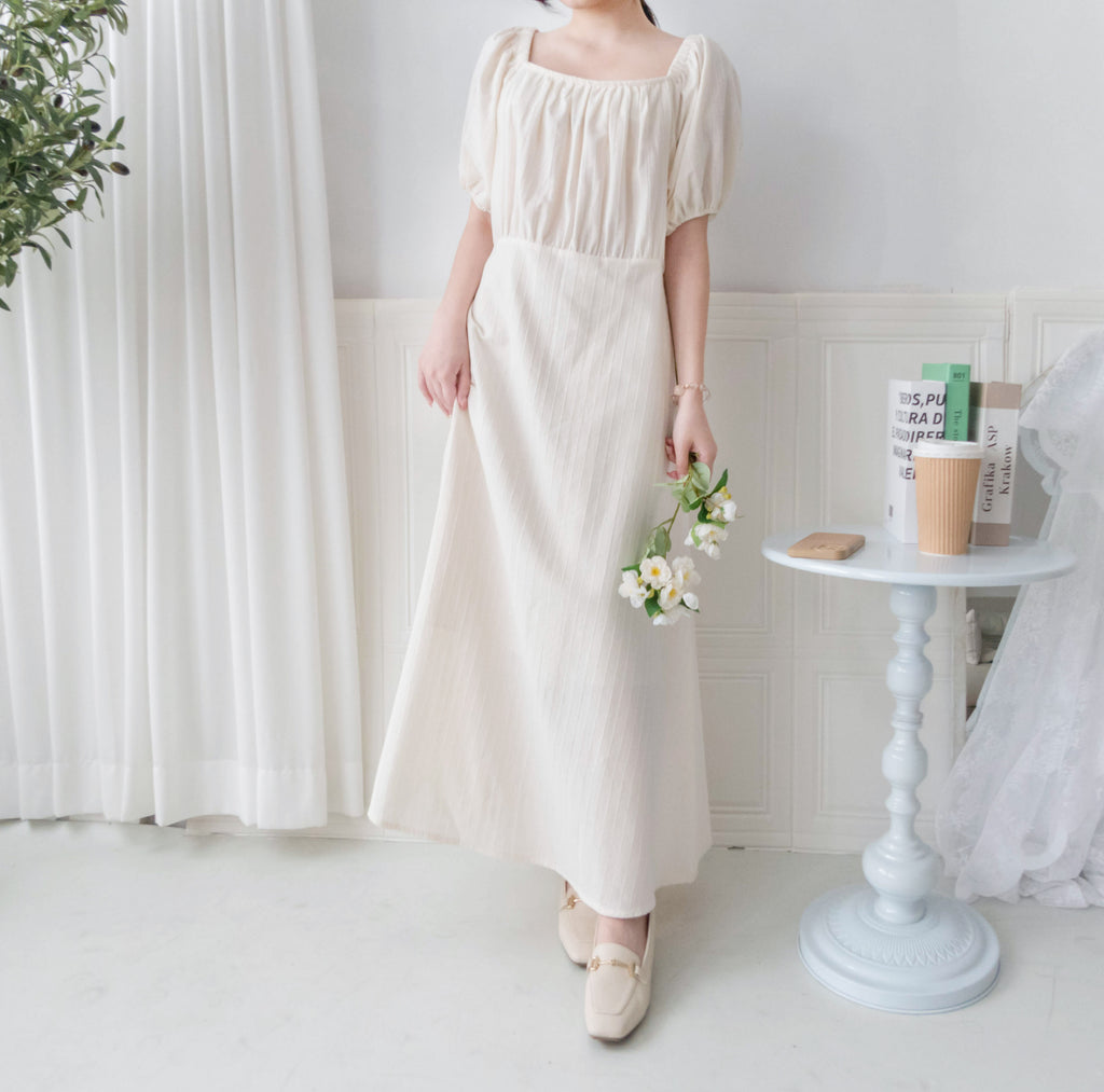 Ivory 復古優雅平領不貼直身條紋連身裙, Dress/ DS9262