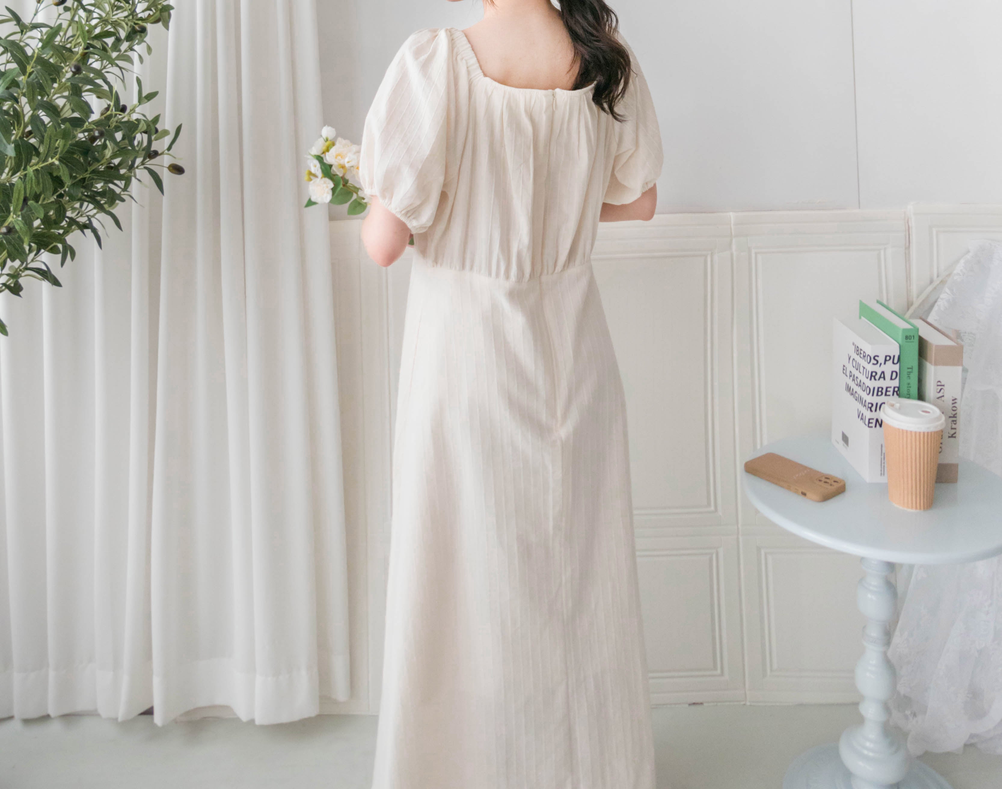 Ivory 復古優雅平領不貼直身條紋連身裙, Dress/ DS9262
