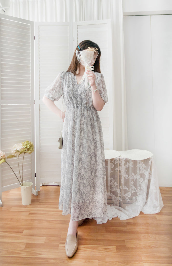 Chiffon Floral 氣質V領黑白印花束腰飄逸雪紡裙, Dress/ DS9302