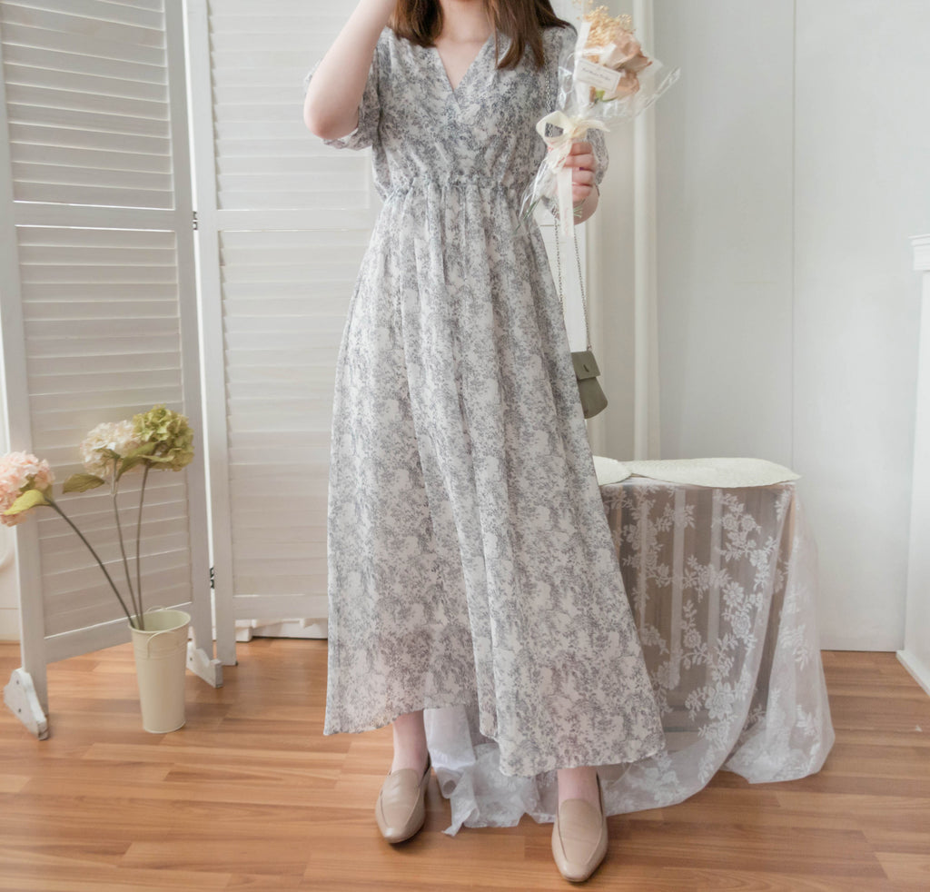 Chiffon Floral 氣質V領黑白印花束腰飄逸雪紡裙, Dress/ DS9302