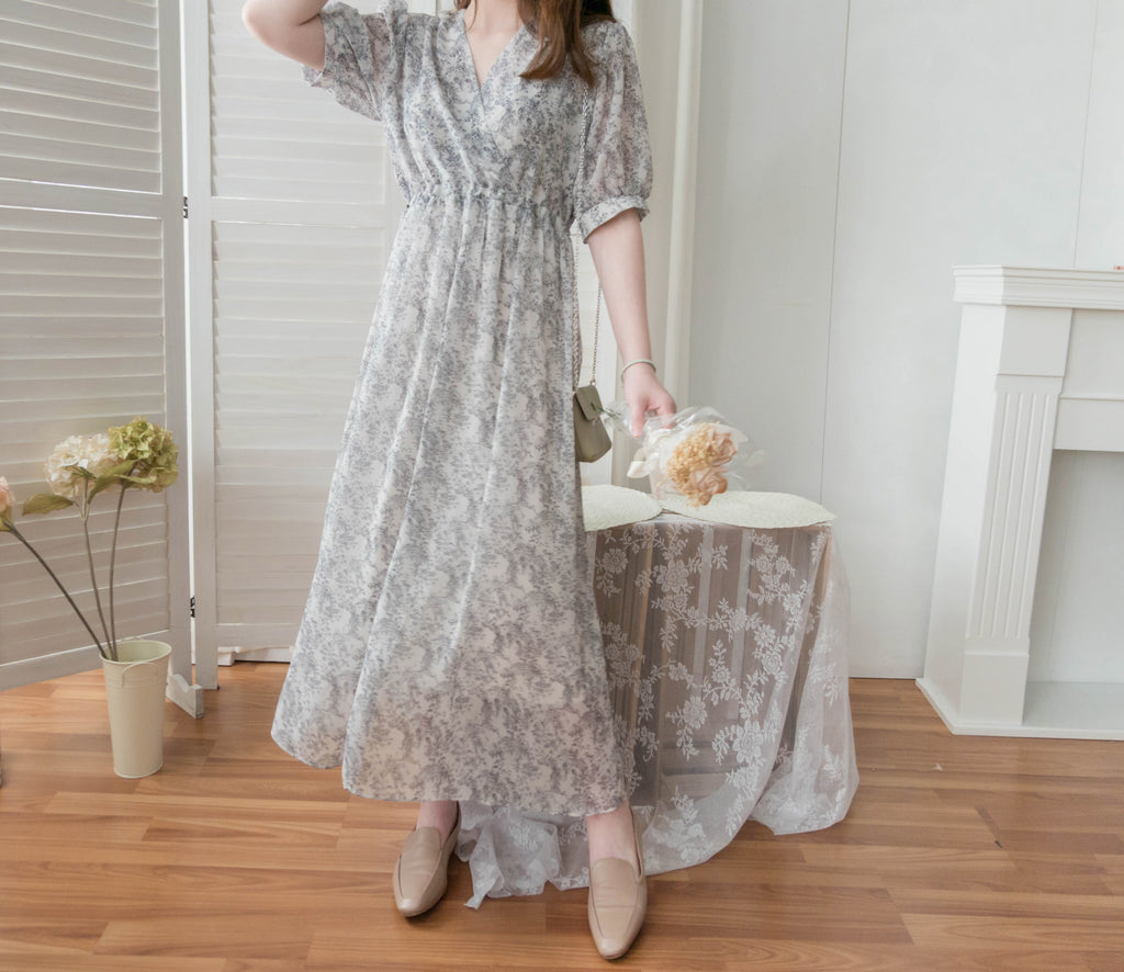 Chiffon Floral 氣質V領黑白印花束腰飄逸雪紡裙, Dress/ DS9302