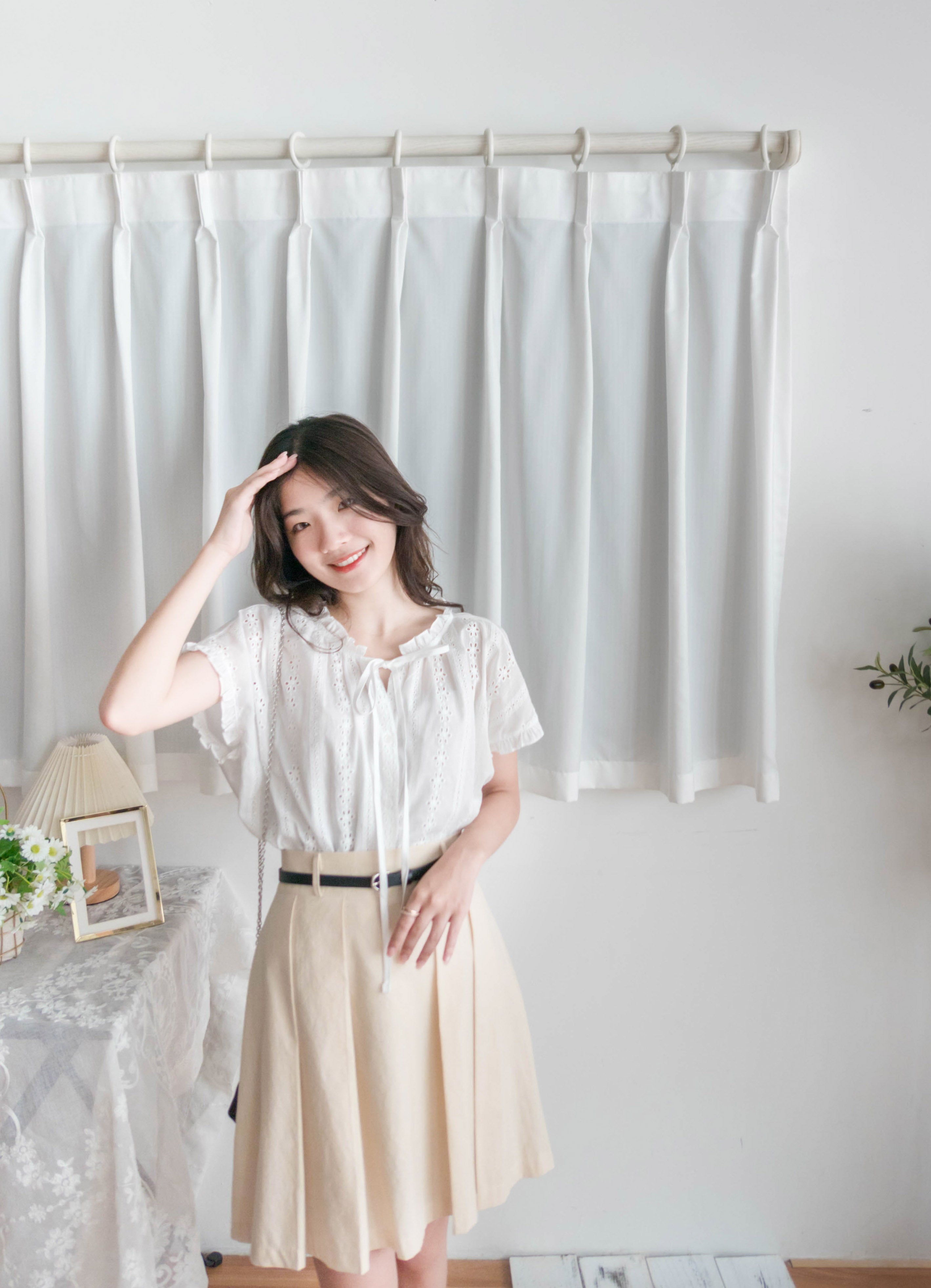 Beige Pleated 杏色腰帶後橡筋百褶修身A字裙, Skirt/ SK8723