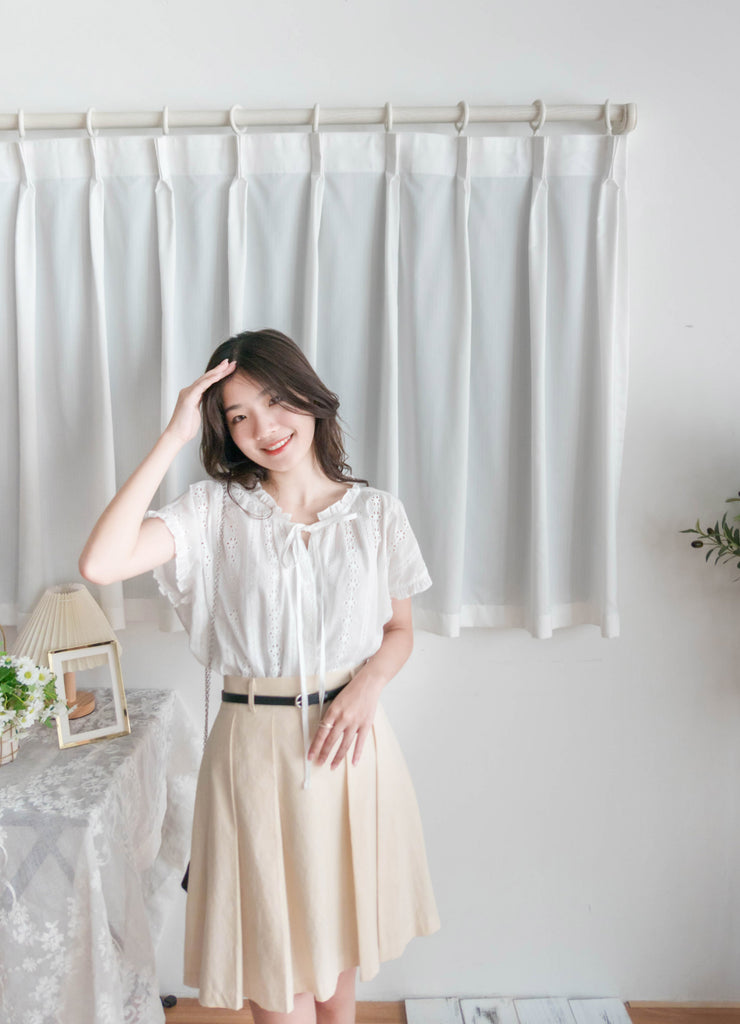 Beige Pleated 杏色腰帶後橡筋百褶修身A字裙, Skirt/ SK8723