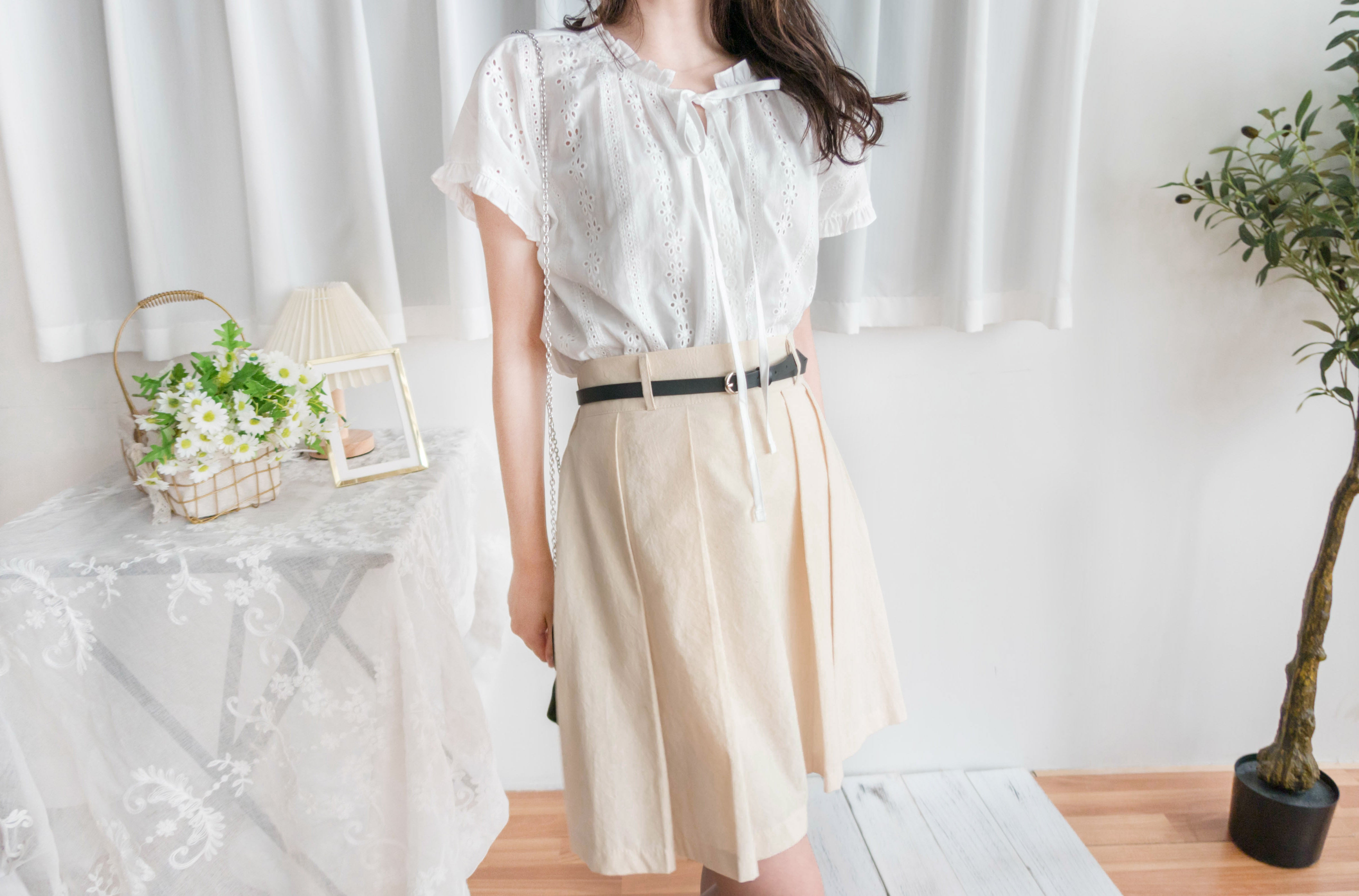 Beige Pleated 杏色腰帶後橡筋百褶修身A字裙, Skirt/ SK8723
