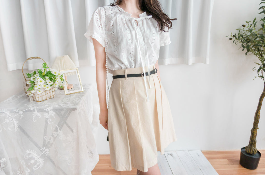 Beige Pleated 杏色腰帶後橡筋百褶修身A字裙, Skirt/ SK8723