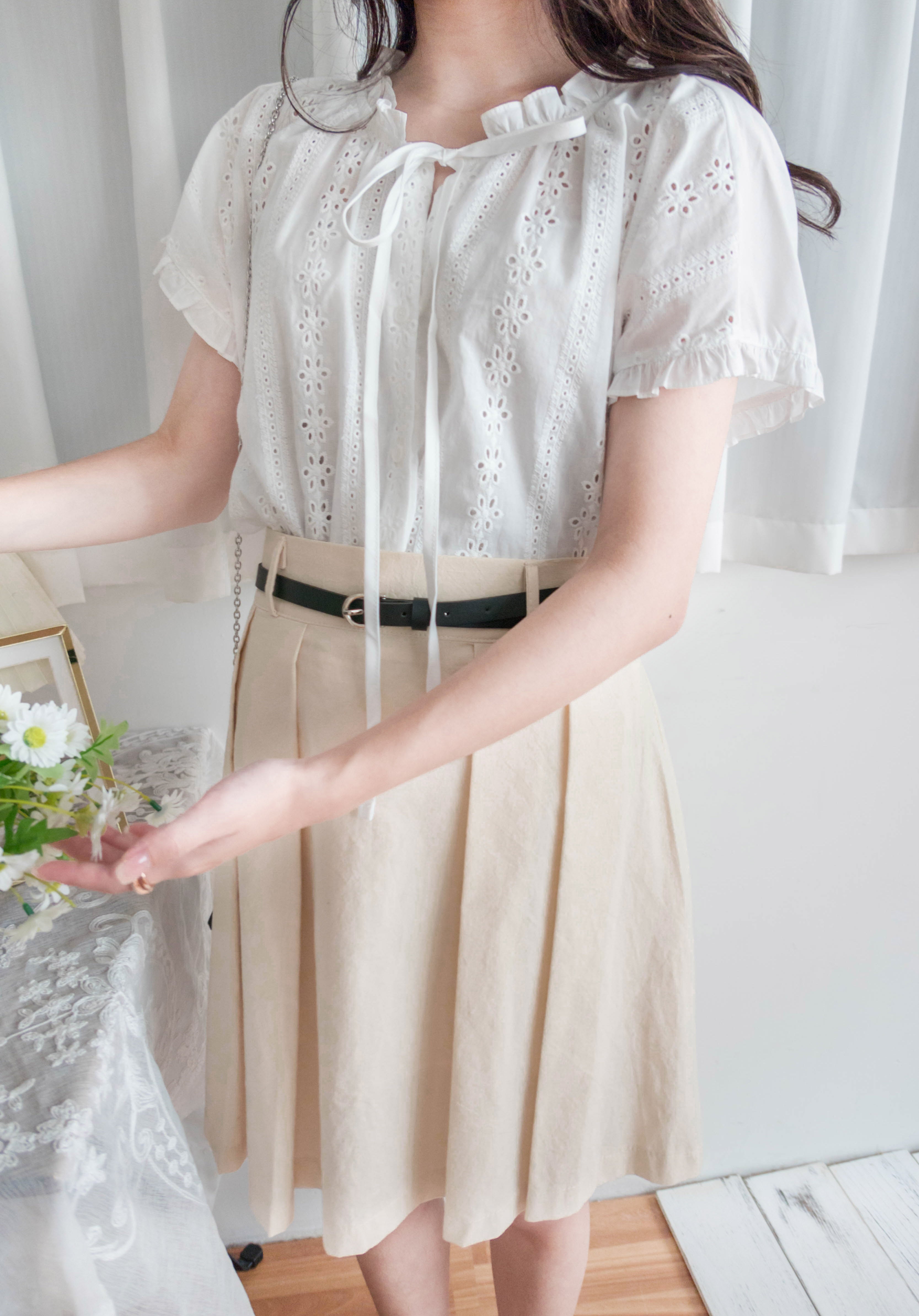 Beige Pleated 杏色腰帶後橡筋百褶修身A字裙, Skirt/ SK8723