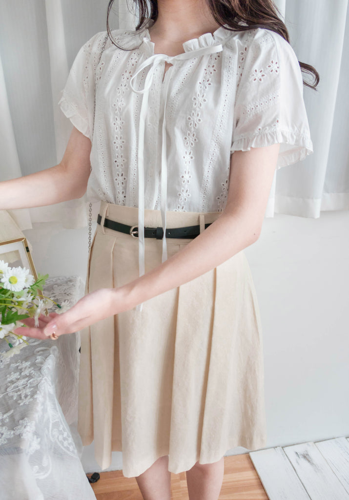 Beige Pleated 杏色腰帶後橡筋百褶修身A字裙, Skirt/ SK8723