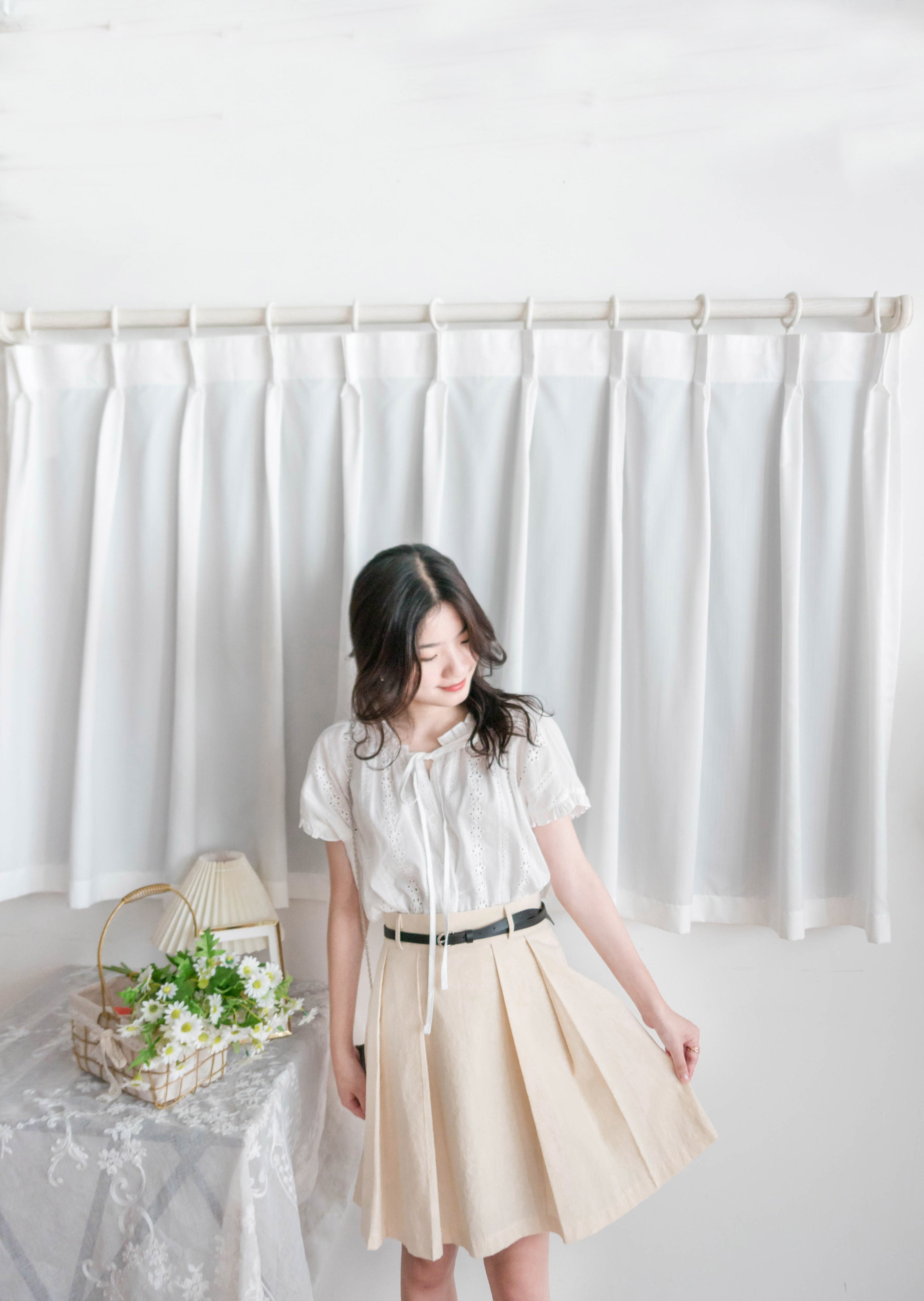 Beige Pleated 杏色腰帶後橡筋百褶修身A字裙, Skirt/ SK8723