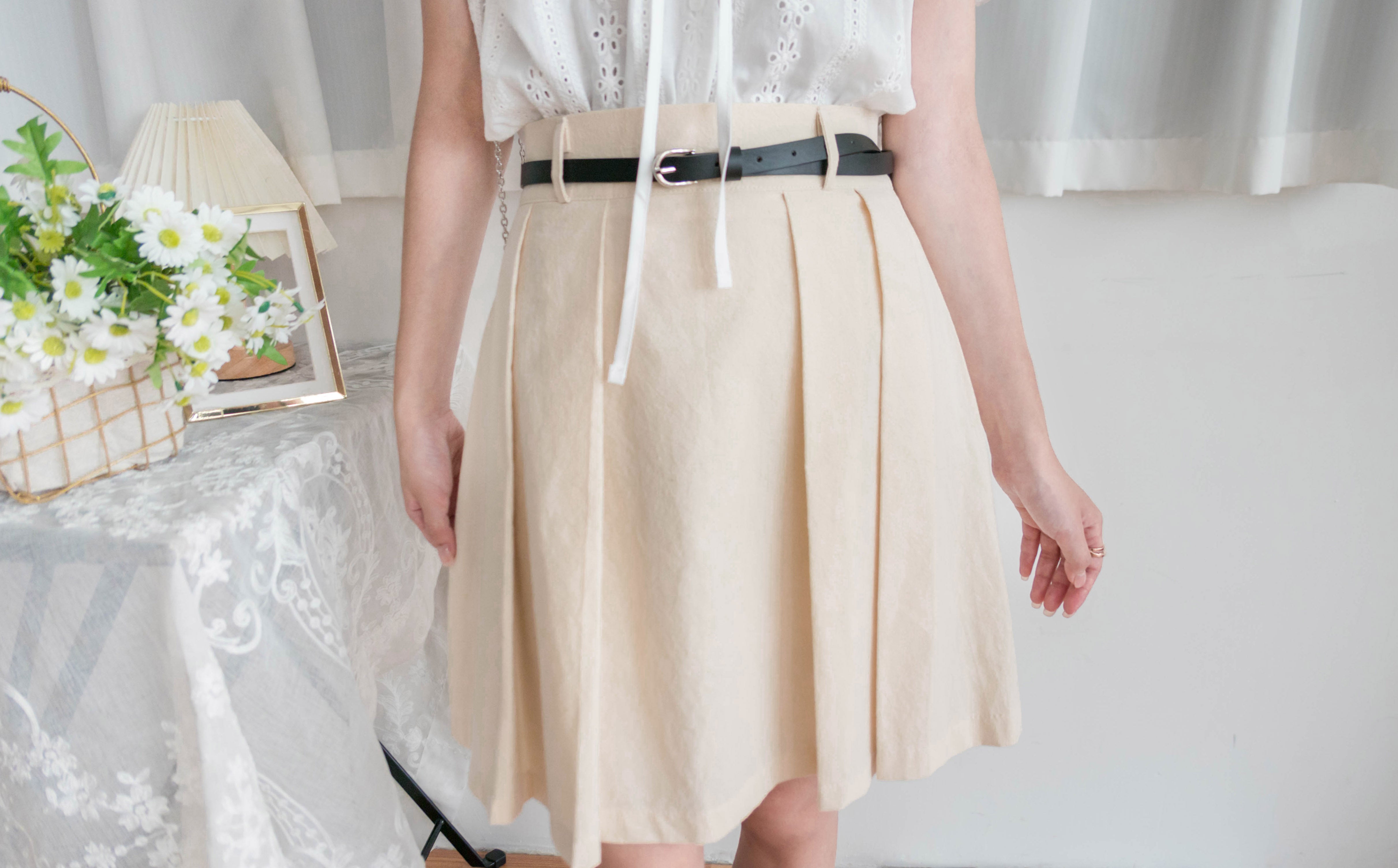 Beige Pleated 杏色腰帶後橡筋百褶修身A字裙, Skirt/ SK8723