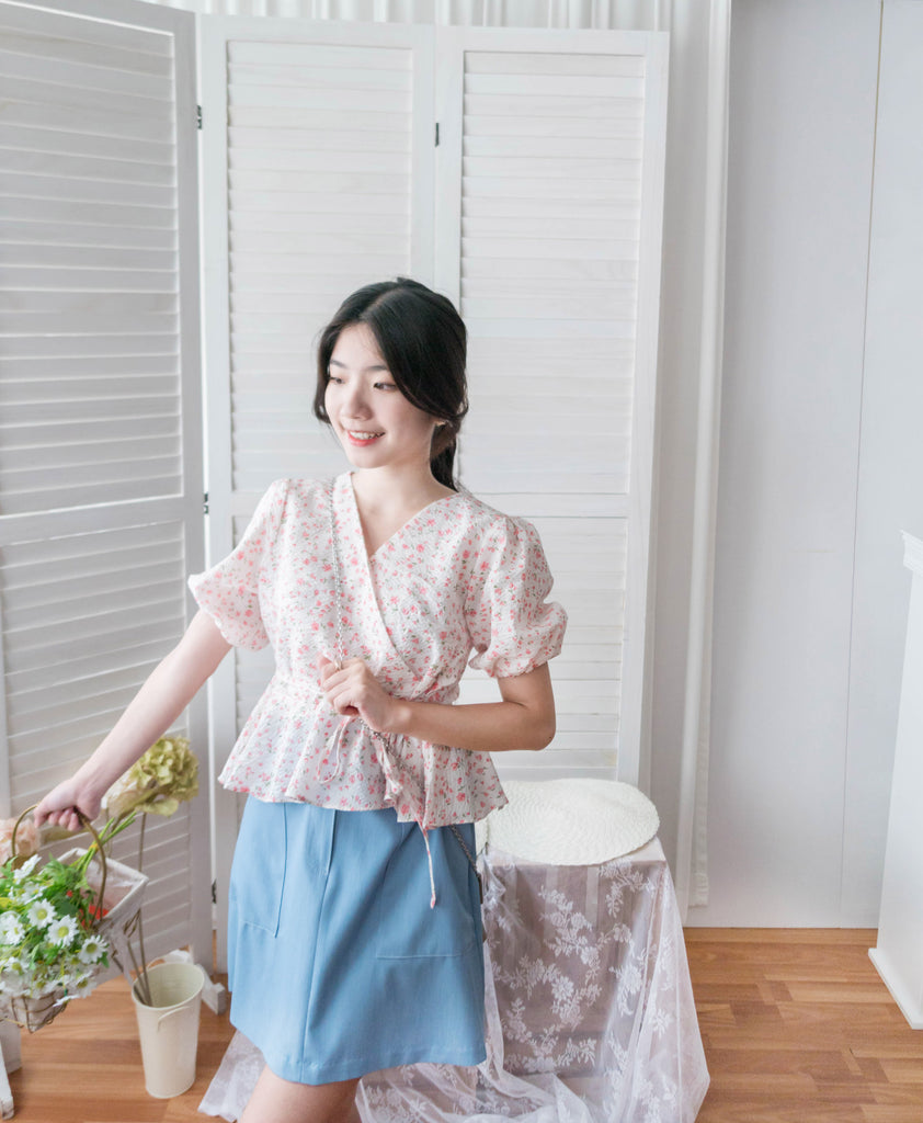 Cherry Sakura 浪漫櫻花點點疊領修腰, Blouse/ BU8958