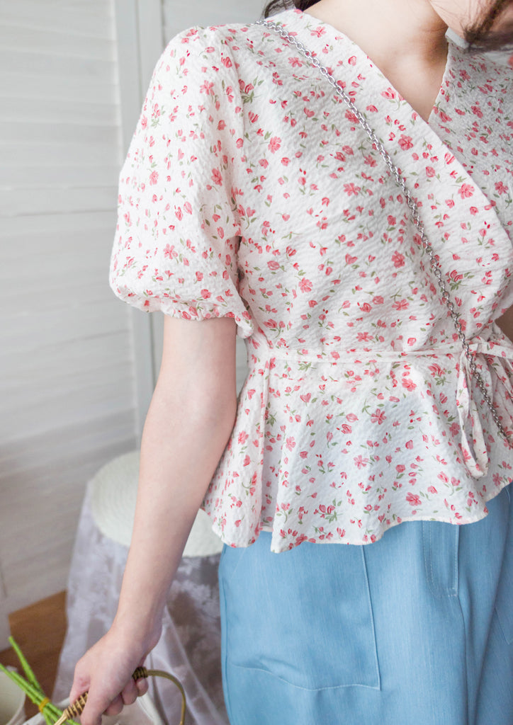 Cherry Sakura 浪漫櫻花點點疊領修腰, Blouse/ BU8958