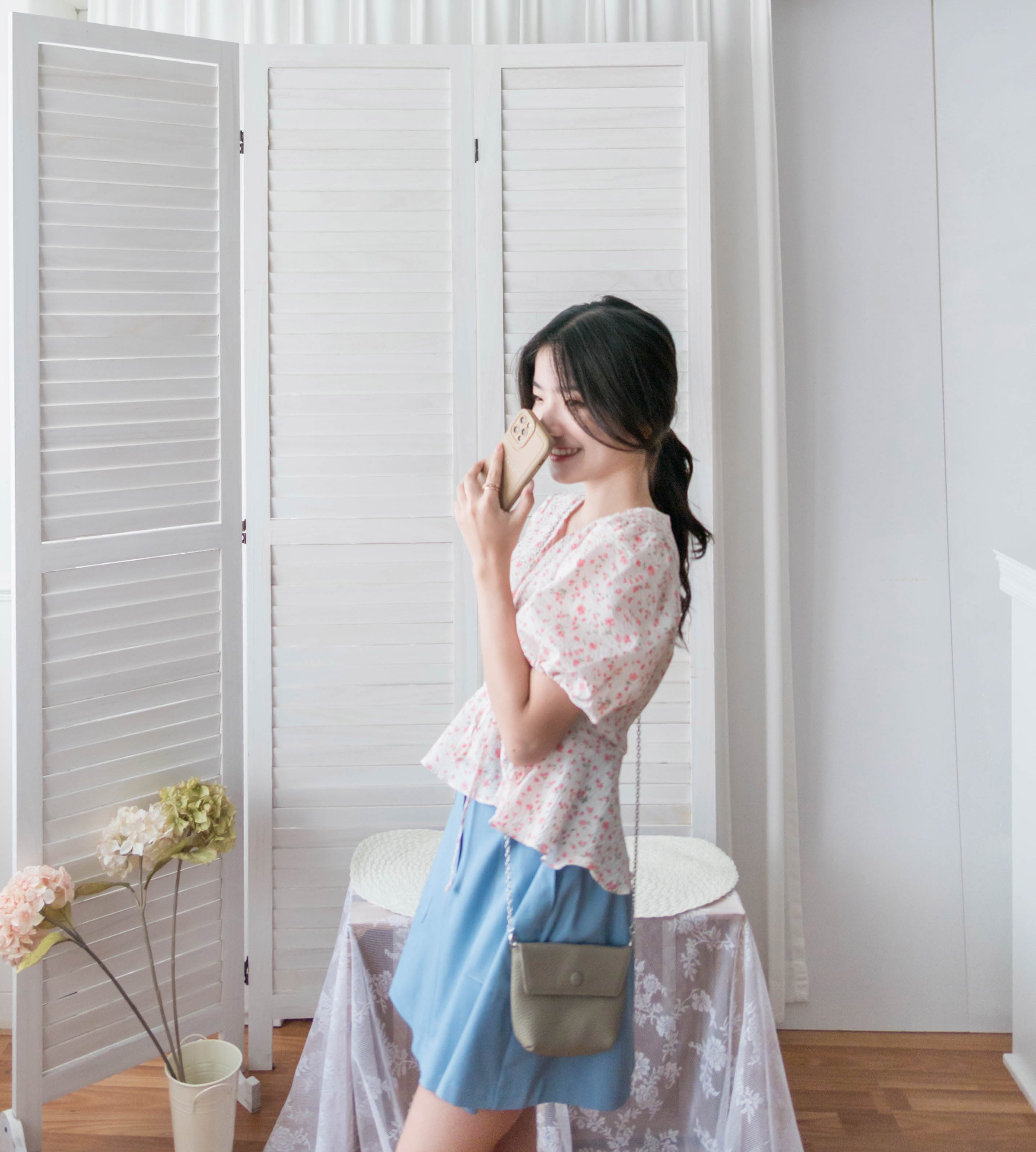 Cherry Sakura 浪漫櫻花點點疊領修腰, Blouse/ BU8958