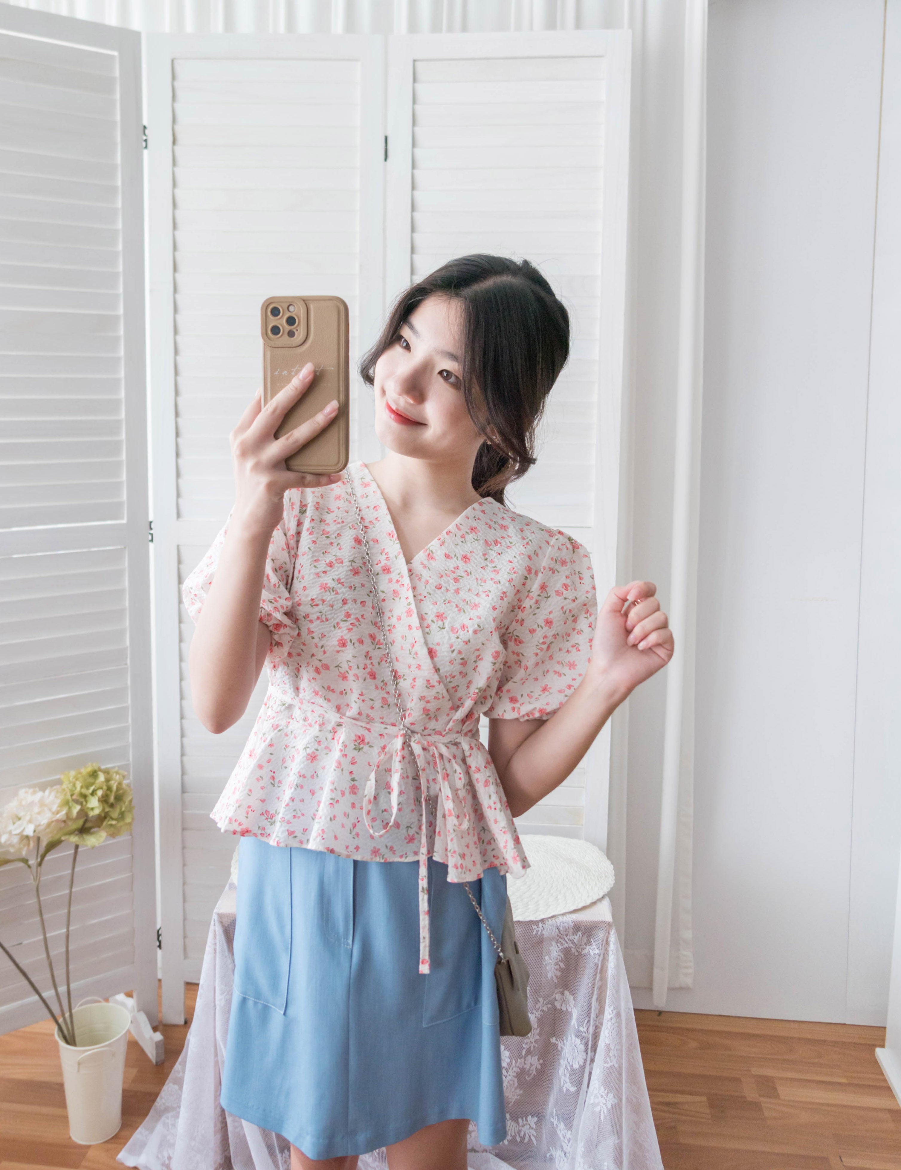 Cherry Sakura 浪漫櫻花點點疊領修腰, Blouse/ BU8958
