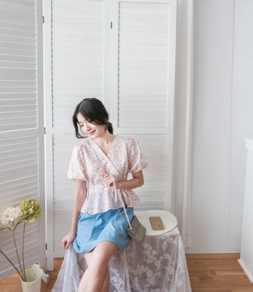 Cherry Sakura 浪漫櫻花點點疊領修腰, Blouse/ BU8958