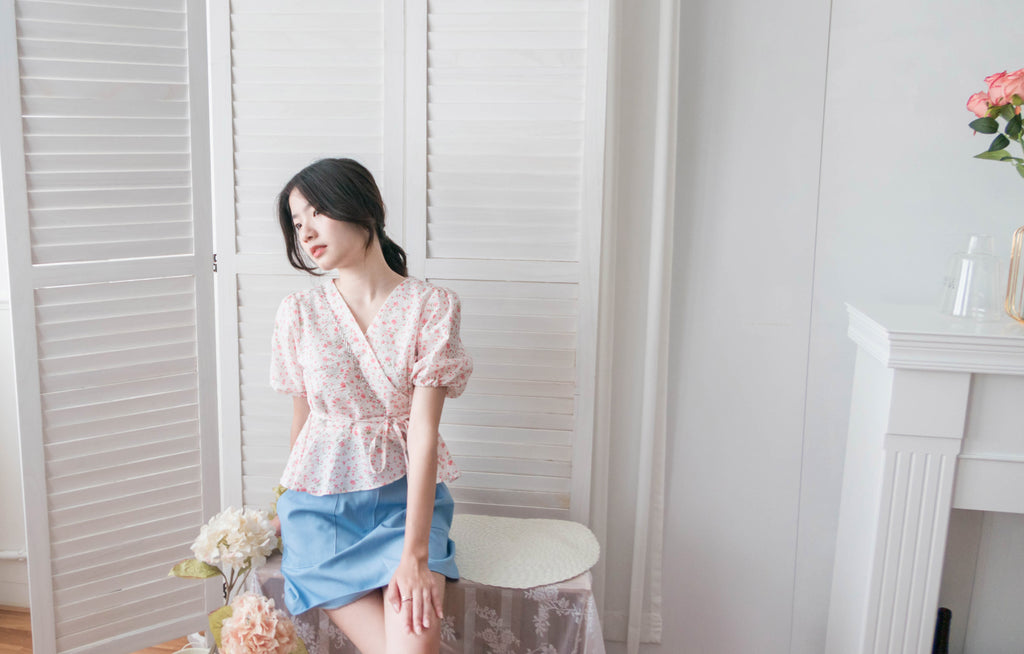 Cherry Sakura 浪漫櫻花點點疊領修腰, Blouse/ BU8958