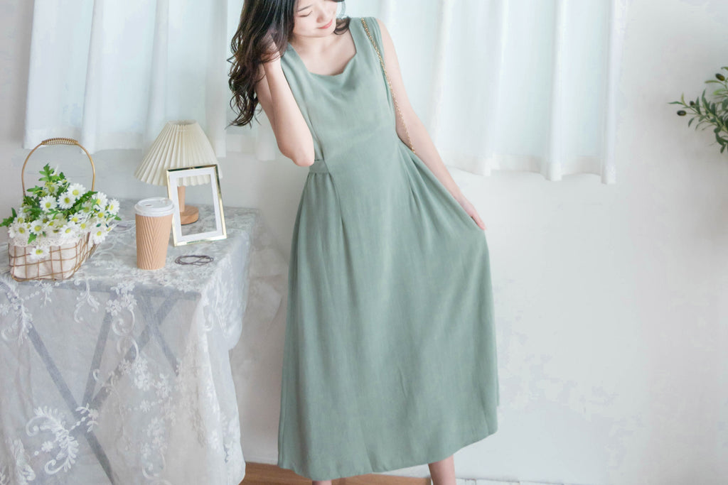 Square Collar 棉麻文青仙氣淺方領修腰, Dress/ DS9301 (湖水綠 MediumAquamarine sold out)