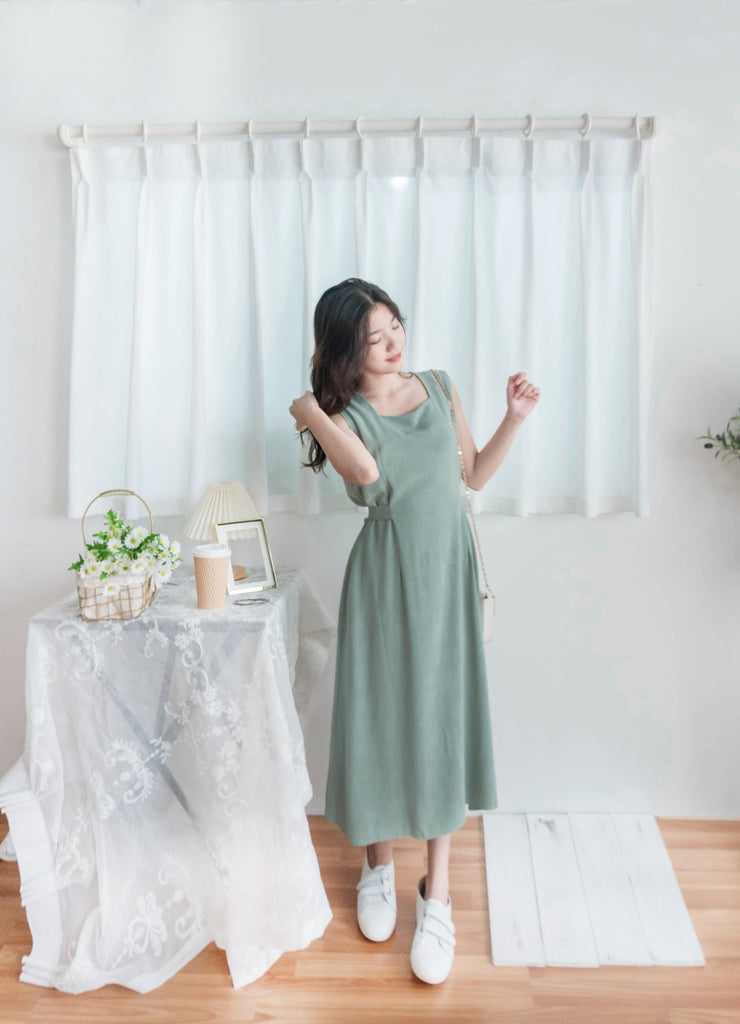 Square Collar 棉麻文青仙氣淺方領修腰, Dress/ DS9301 (湖水綠 MediumAquamarine sold out)