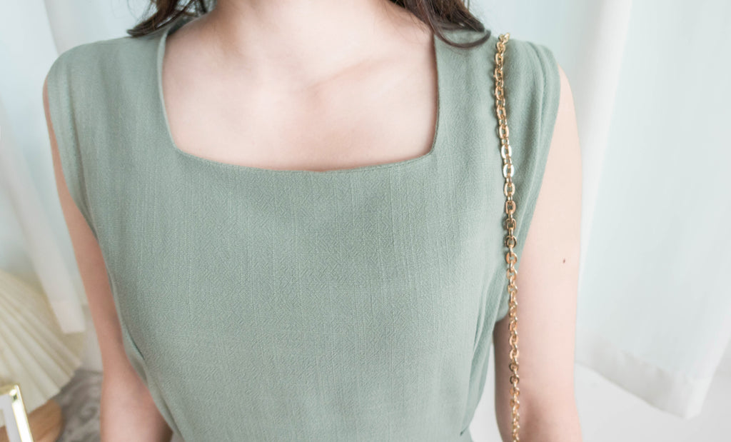 Square Collar 棉麻文青仙氣淺方領修腰, Dress/ DS9301 (湖水綠 MediumAquamarine sold out)
