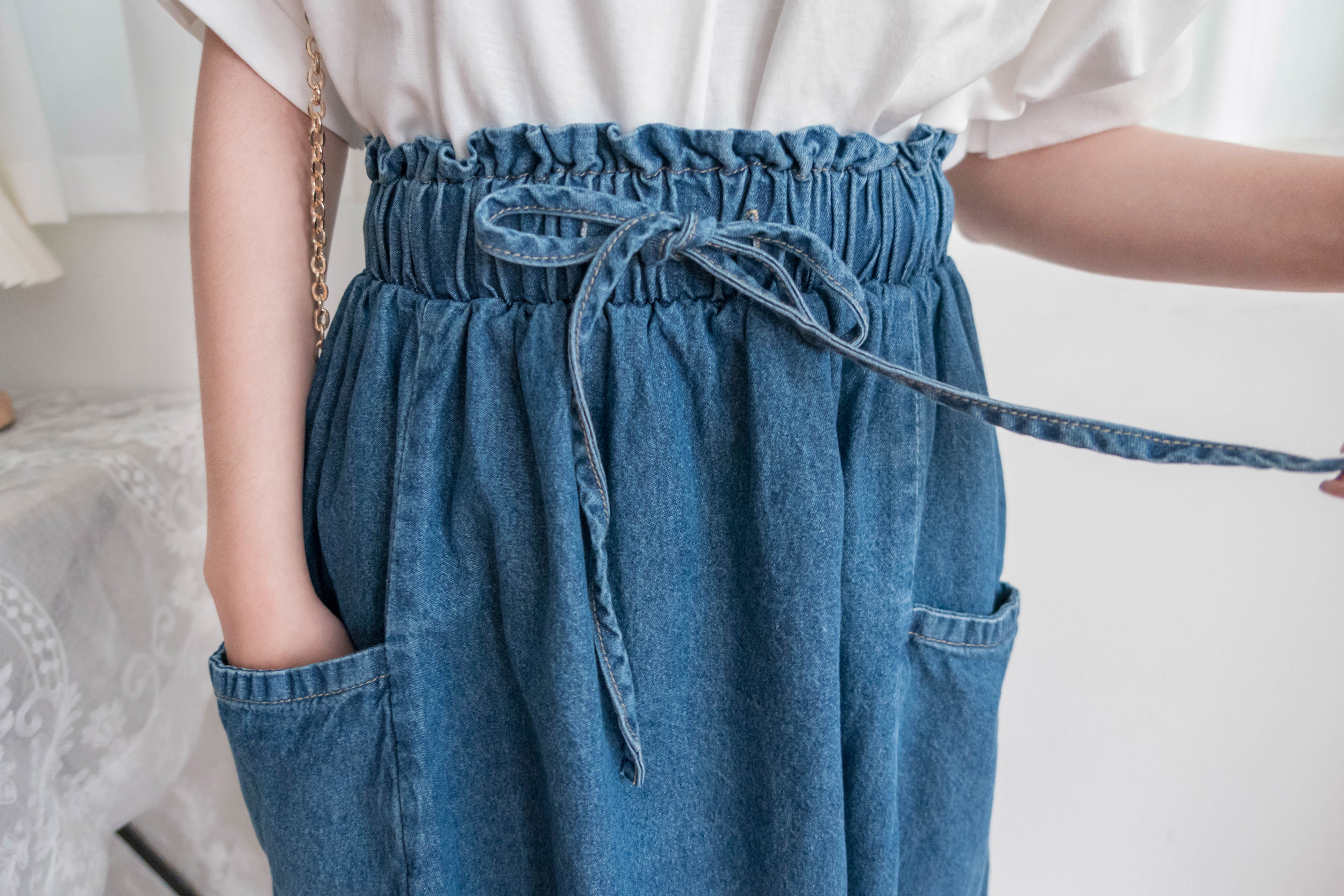 Ruffle Denim 斜口袋花邊橡筋微直牛仔裙, Skirt/ SK8729