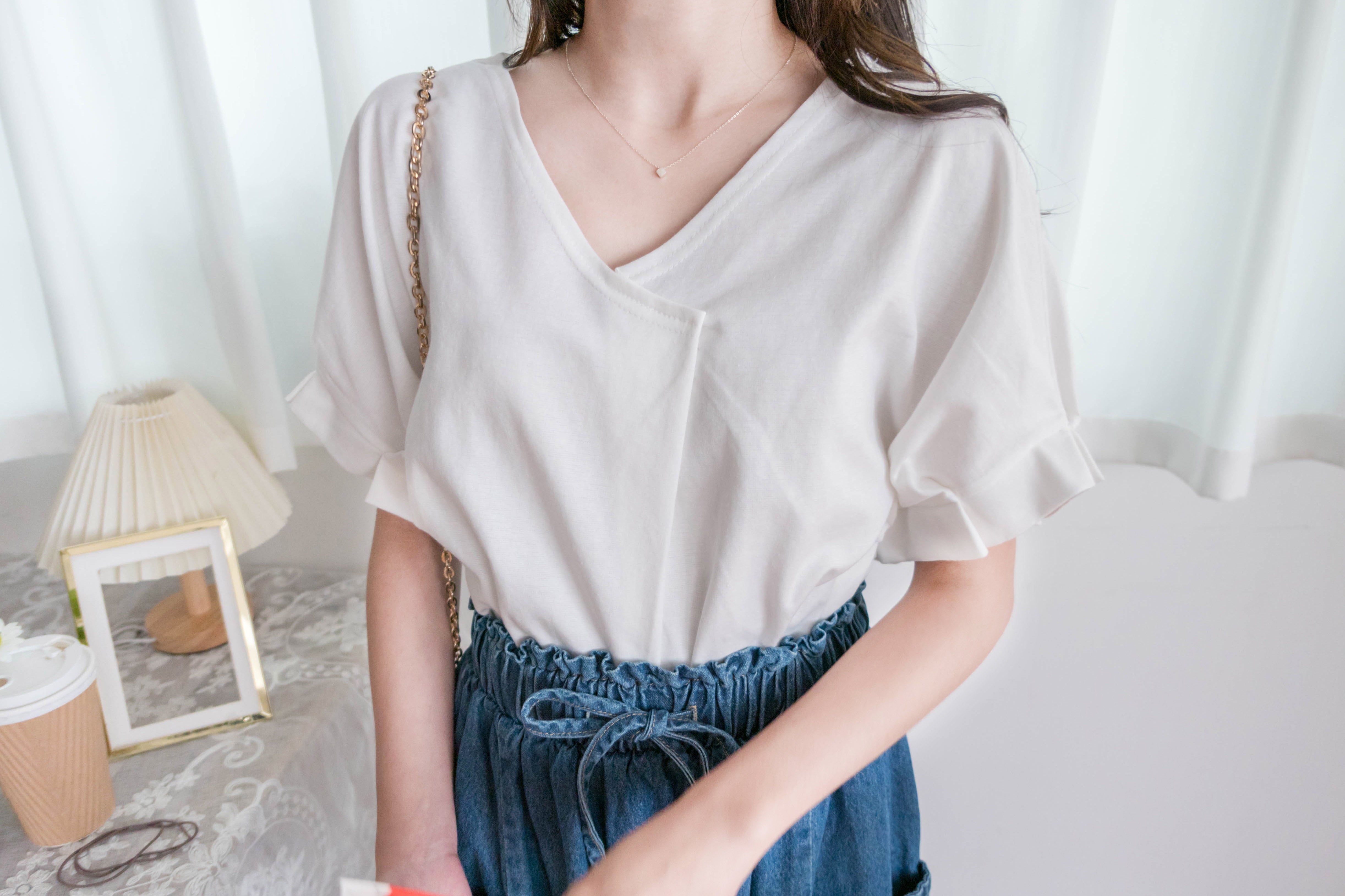 Pin Sleeve 棉質交疊V領花花袖上衣, Top/ BU8960 (white sold out)