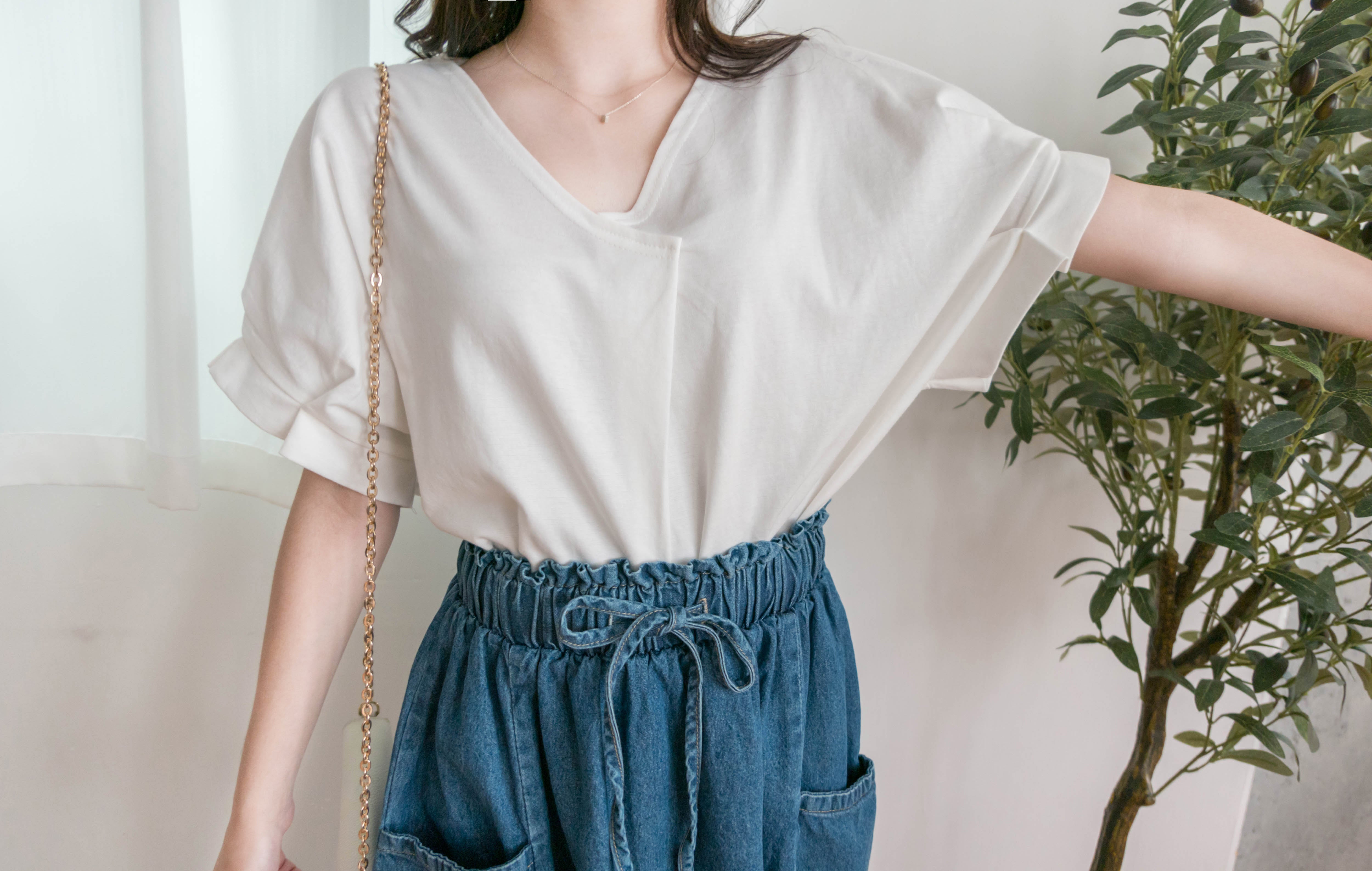 Pin Sleeve 棉質交疊V領花花袖上衣, Top/ BU8960 (white sold out)