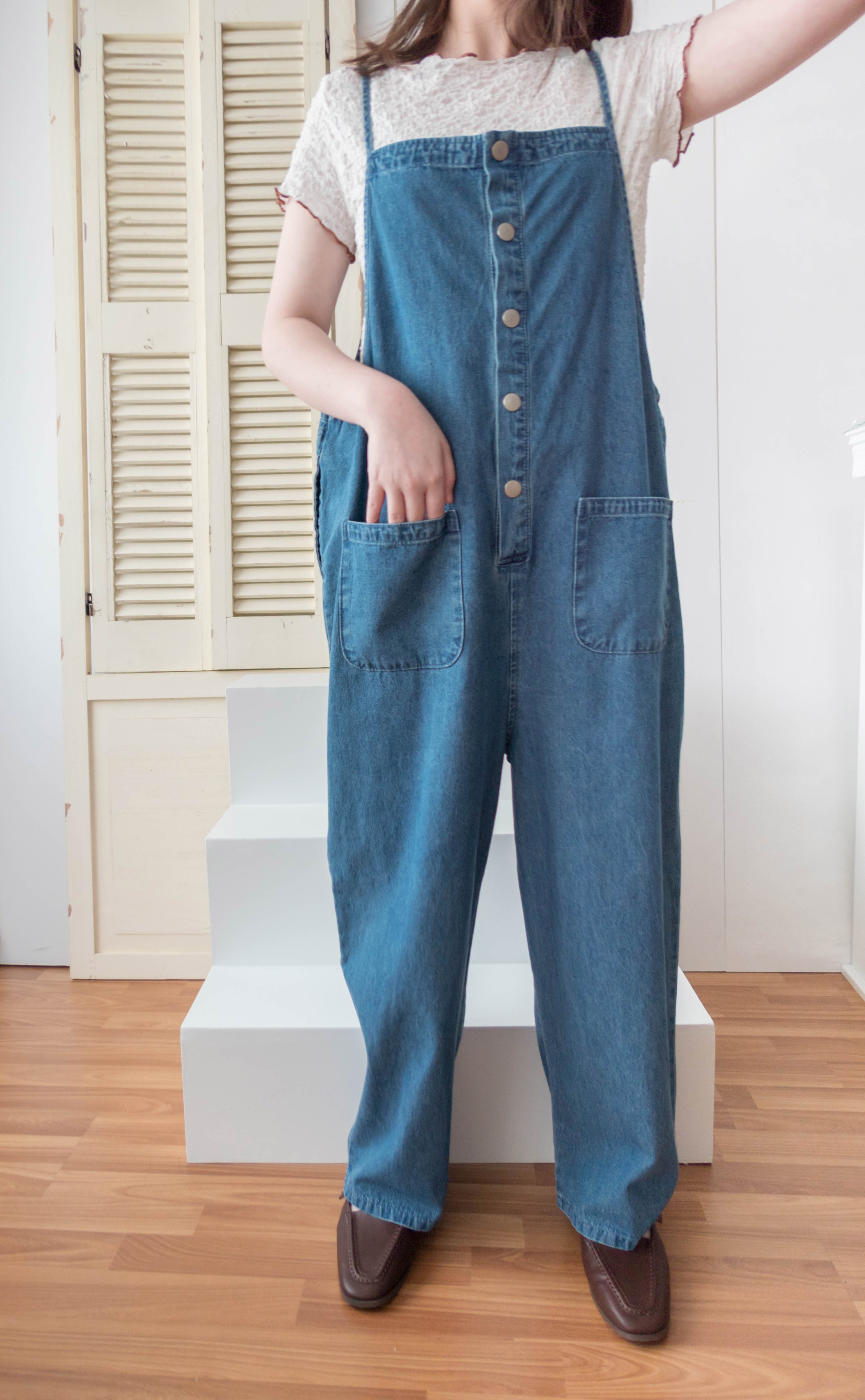 Denim 寬鬆顯瘦拍鈕牛仔吊帶褲, Jumpsuit / PT8394