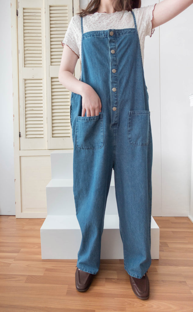 Denim 寬鬆顯瘦拍鈕牛仔吊帶褲, Jumpsuit / PT8394