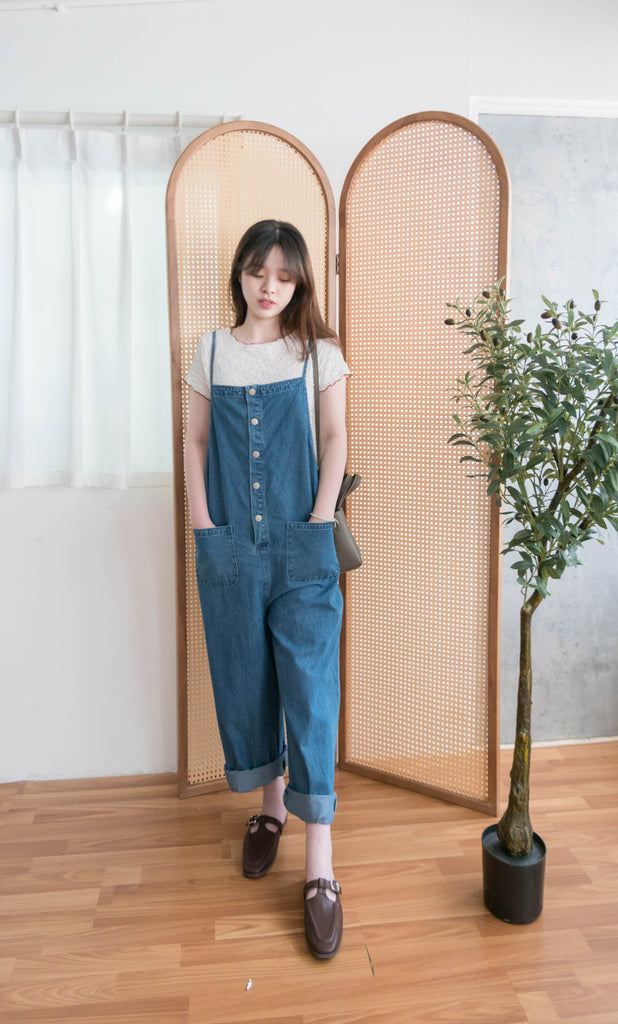 Denim 寬鬆顯瘦拍鈕牛仔吊帶褲, Jumpsuit / PT8394