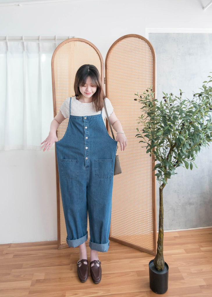 Denim 寬鬆顯瘦拍鈕牛仔吊帶褲, Jumpsuit / PT8394